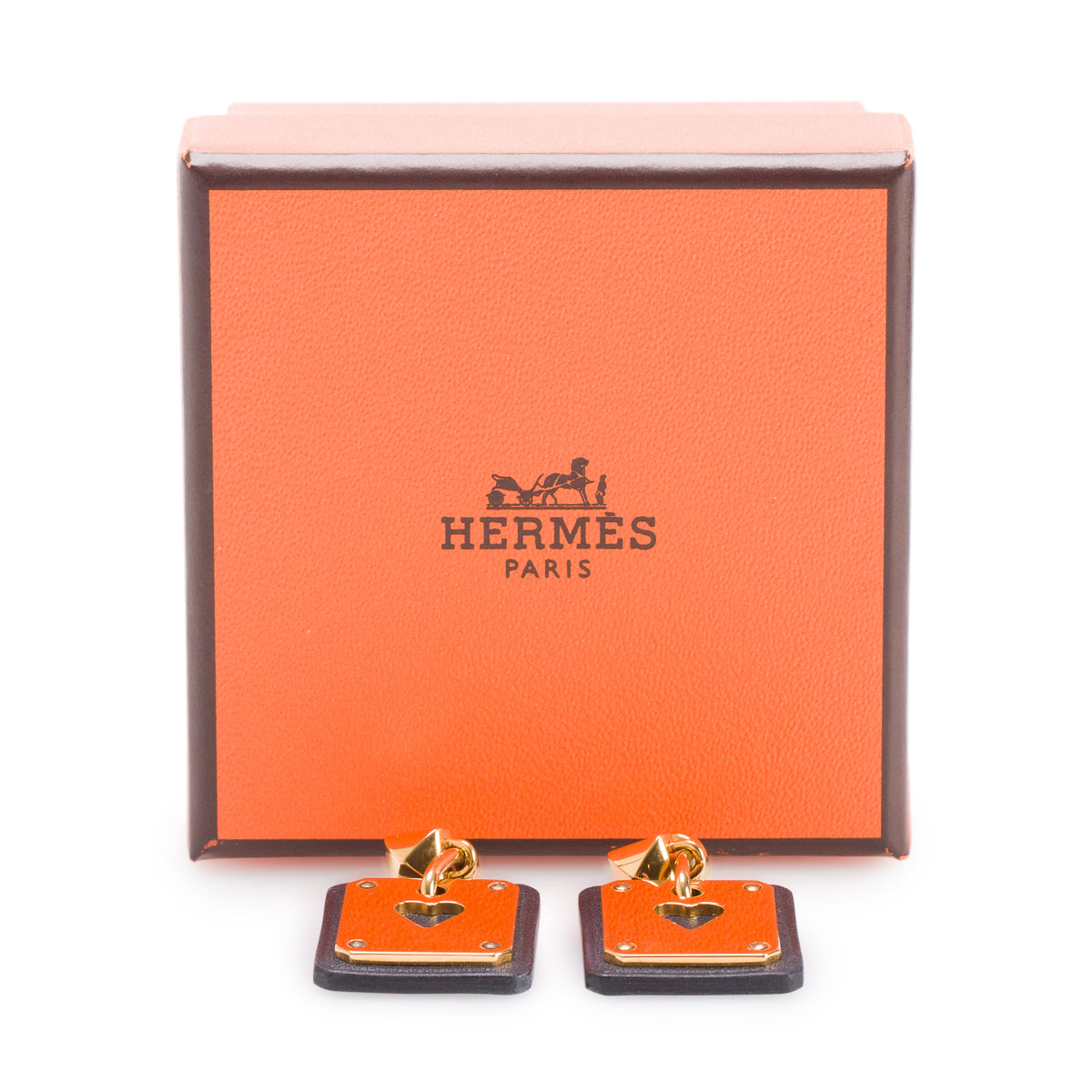 Hermes 2022 Gold Plated Metal Black Leather As De Coeur Drop Earrings w/ Box