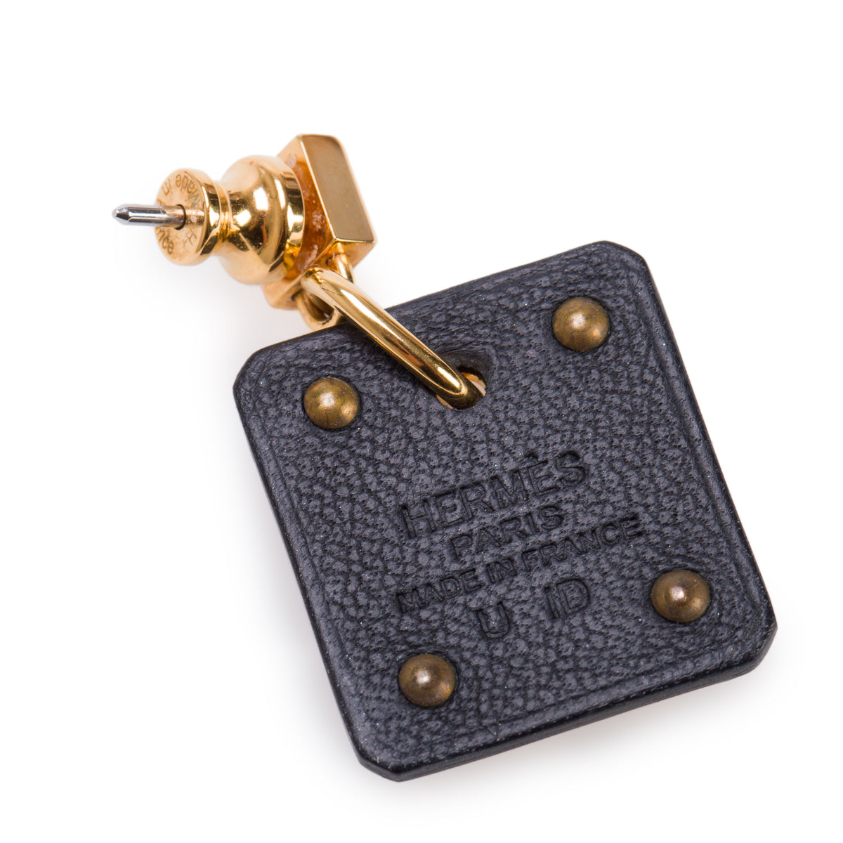 Hermes 2022 Gold Plated Metal Black Leather As De Coeur Drop Earrings w/ Box