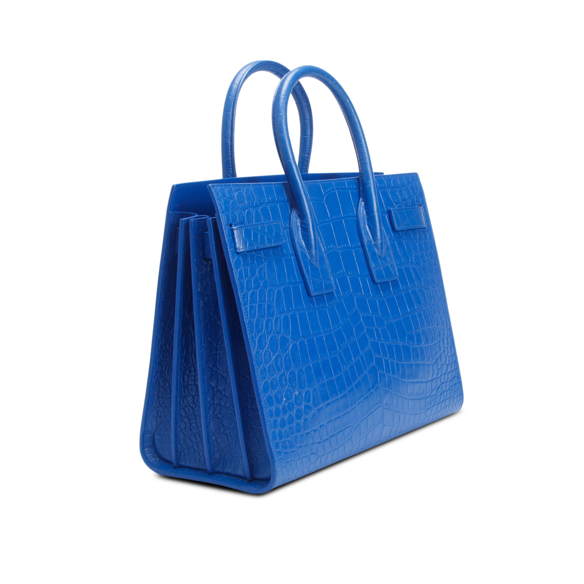 Saint Laurent Blue Crocodile Embossed Calfskin Leather Small Sac De Jour w/ Strap