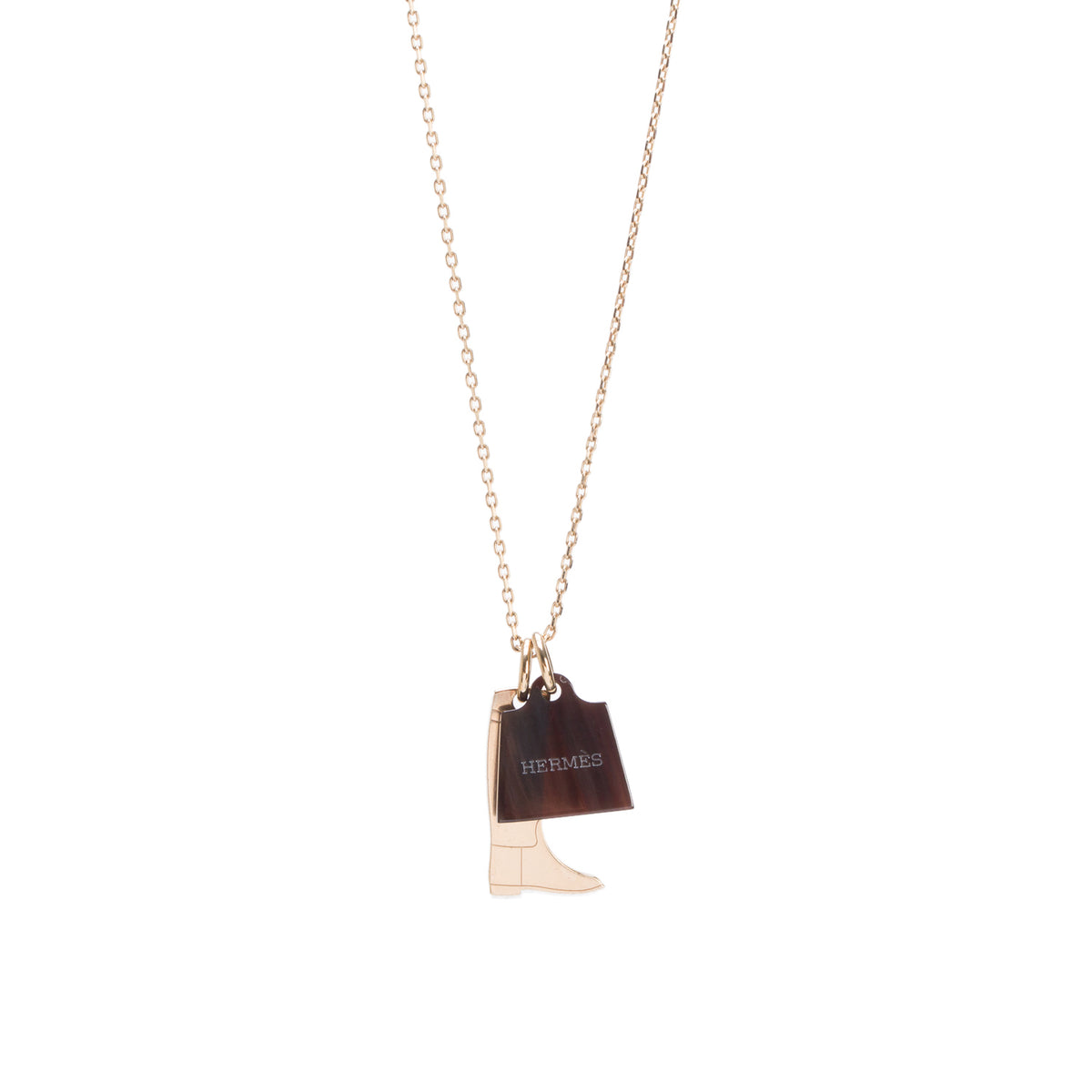 Hermes Gold-Plated Brown Horn Amulette Maroquinier Pendant Pendant Necklace, Small Model w/ Box