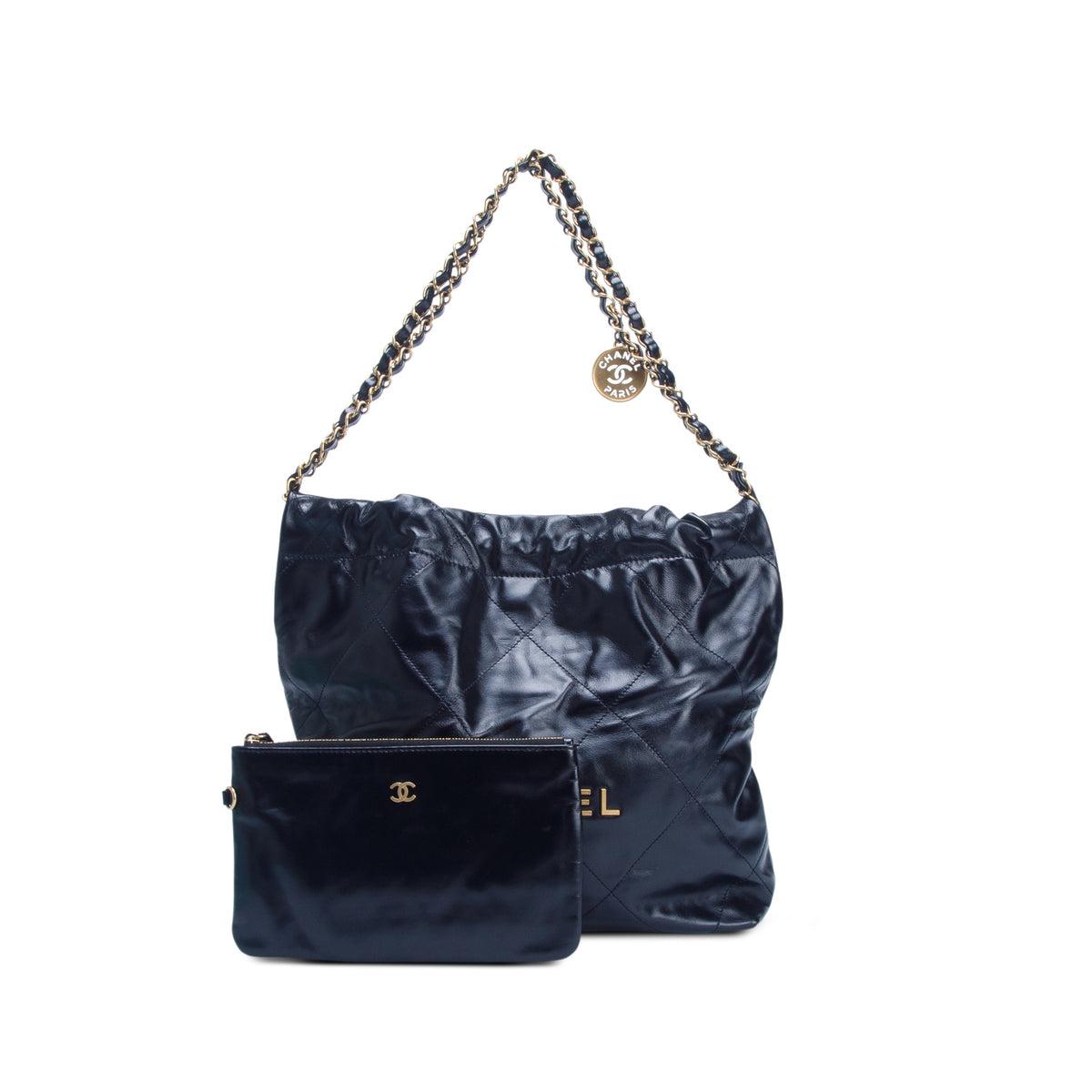 Chanel Black Shiny Calfskin Quilted Small 22 Hobo w/ Pouch
