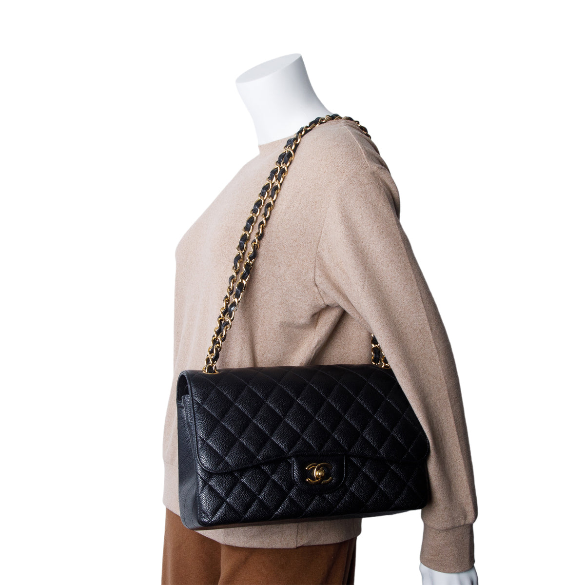 Chanel Black Quilted Caviar Leather Classic Jumbo Double Flap Bag