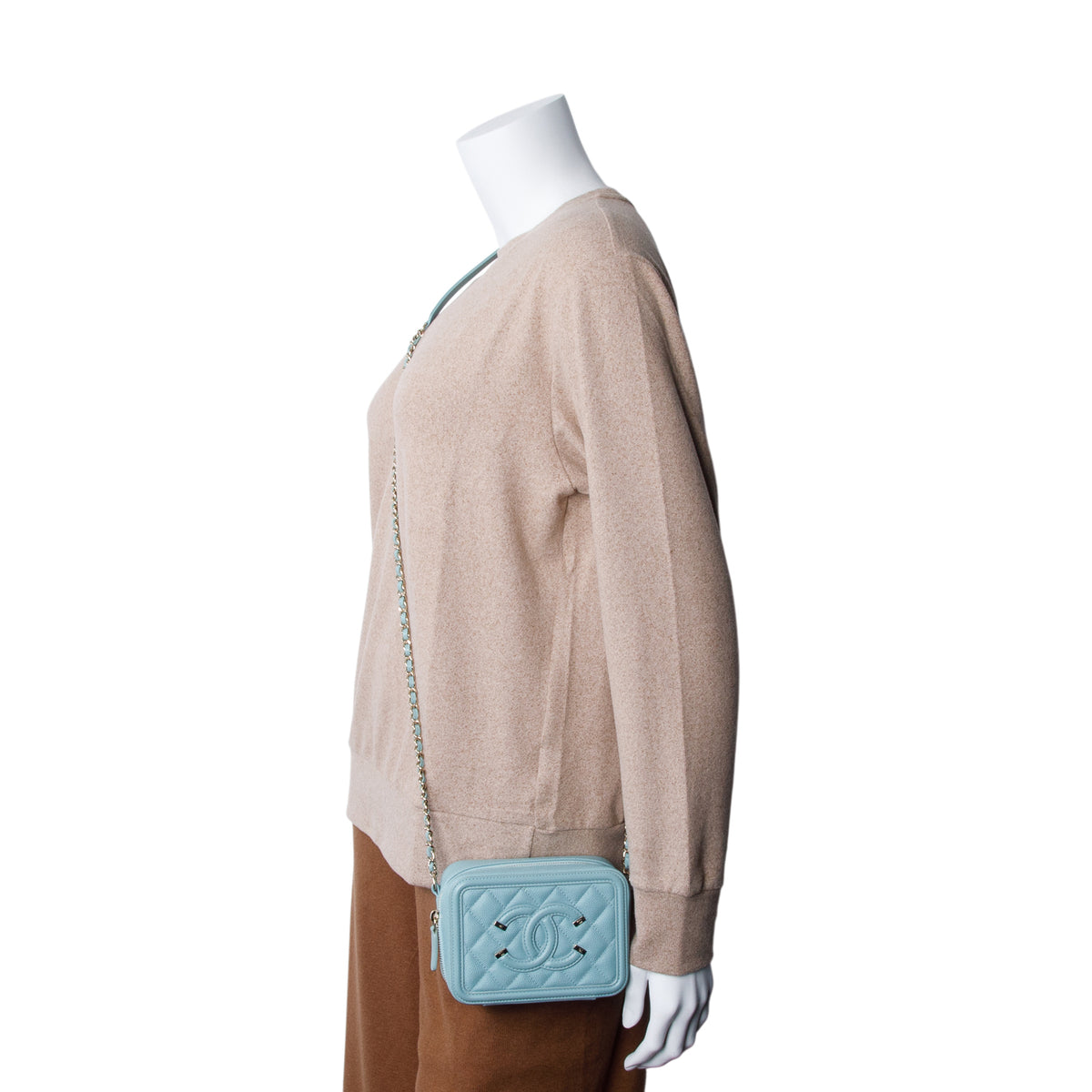 Chanel Blue Caviar Quilted CC Filigree Clutch With Chain
