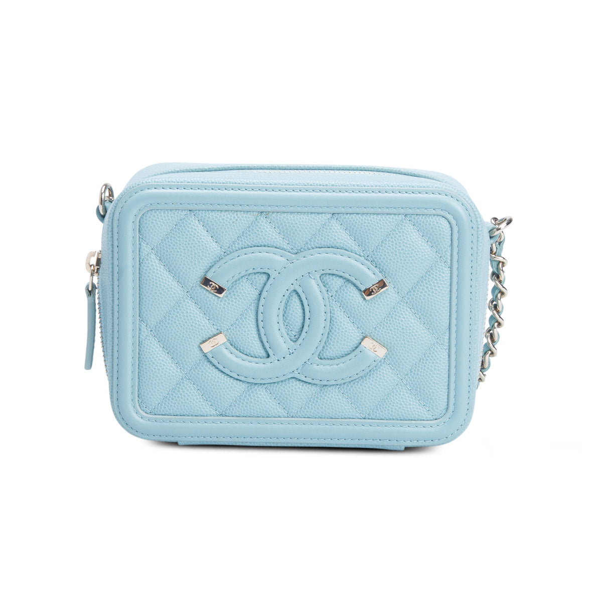 Chanel Blue Caviar Quilted CC Filigree Clutch With Chain