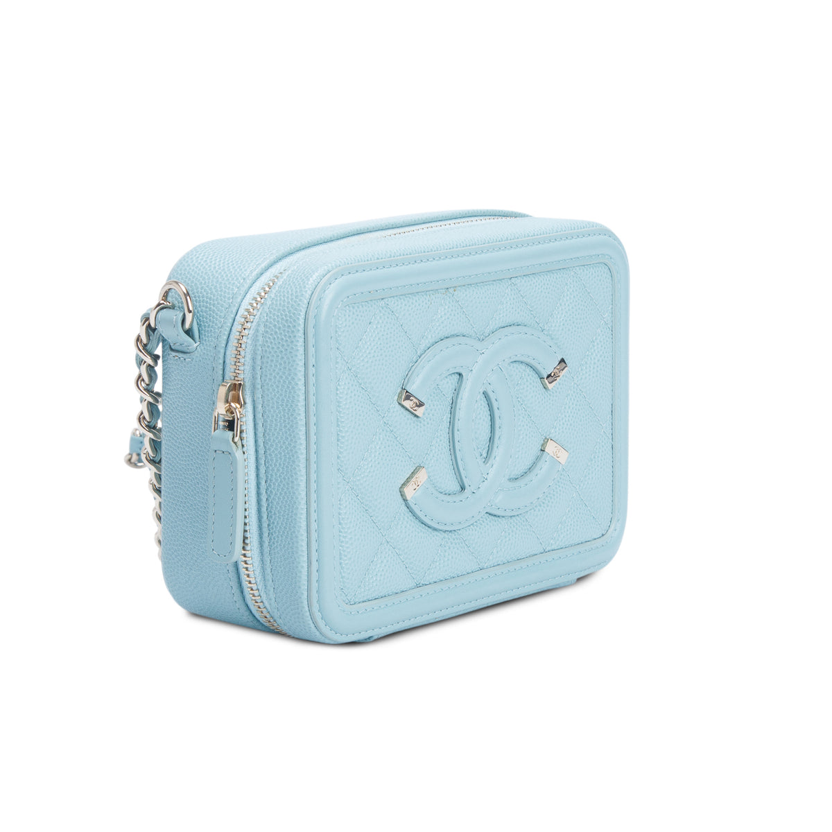 Chanel Blue Caviar Quilted CC Filigree Clutch With Chain