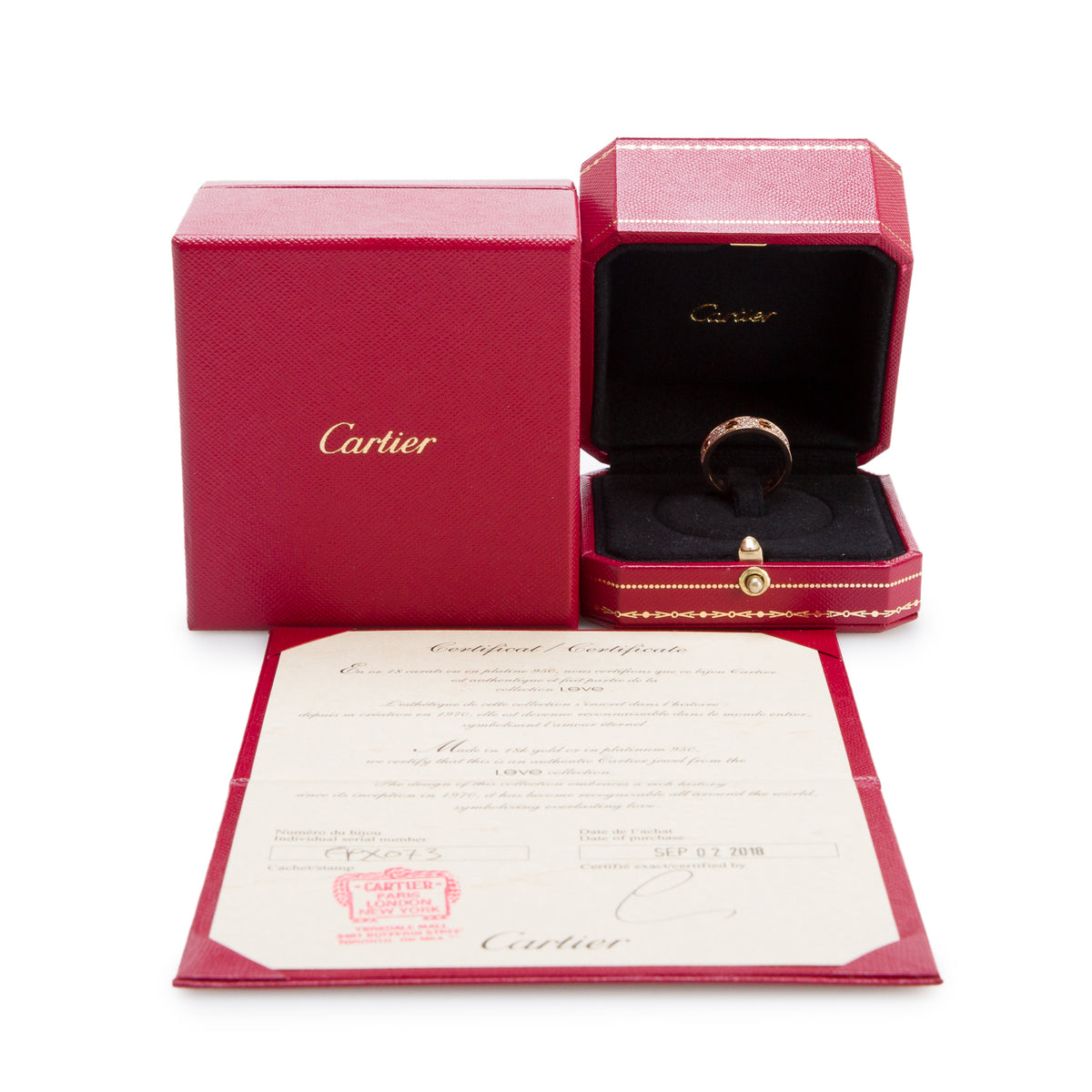 Cartier 18k Rose Gold Paved Diamond Love Ring, Small Model Size 55 7.25 w/ Box, Receipt & Certificate