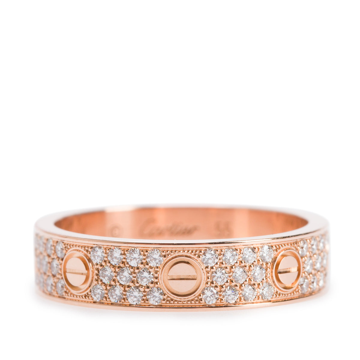 Cartier 18k Rose Gold Paved Diamond Love Ring, Small Model Size 55 7.25 w/ Box, Receipt & Certificate