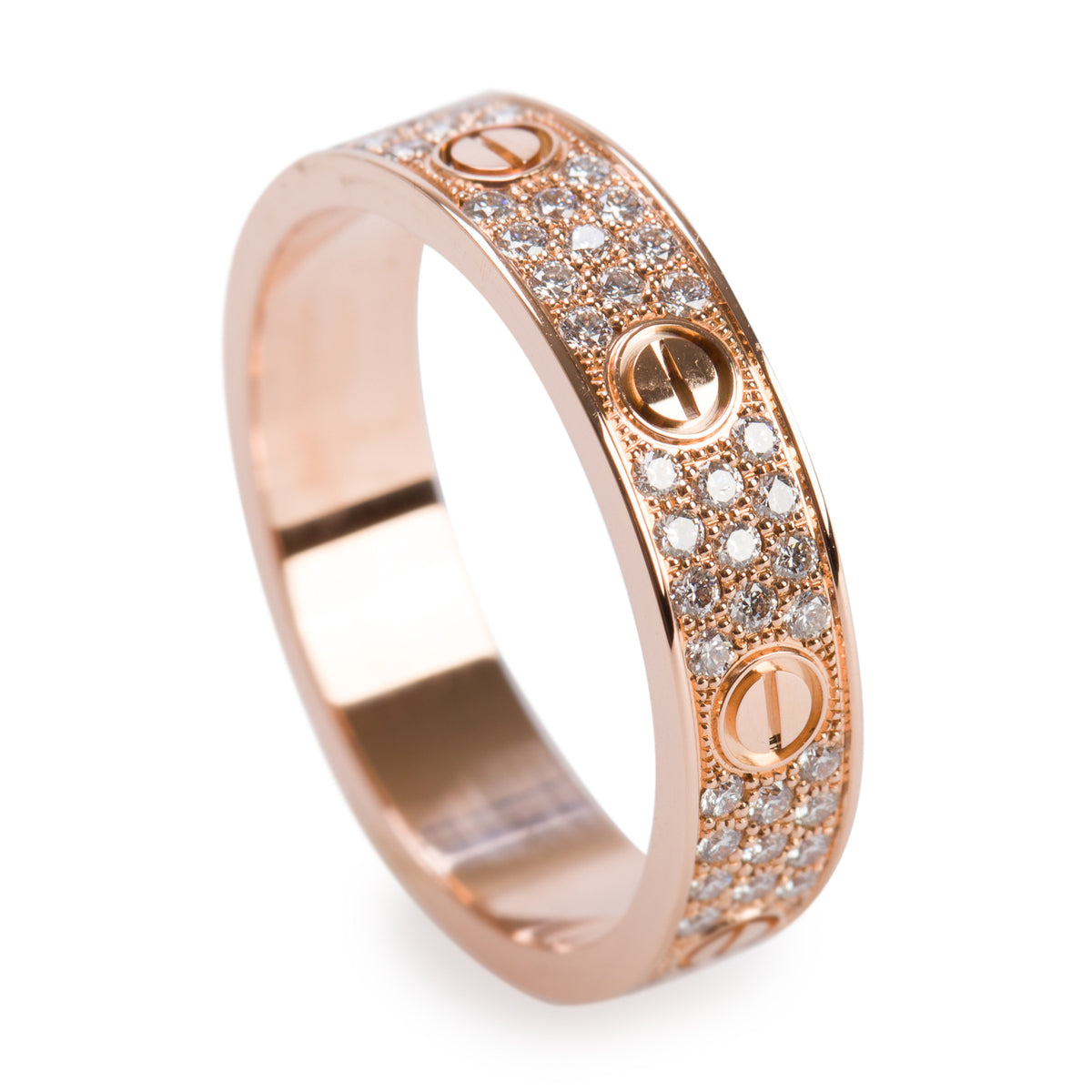 Cartier 18k Rose Gold Paved Diamond Love Ring, Small Model Size 55 7.25 w/ Box, Receipt & Certificate