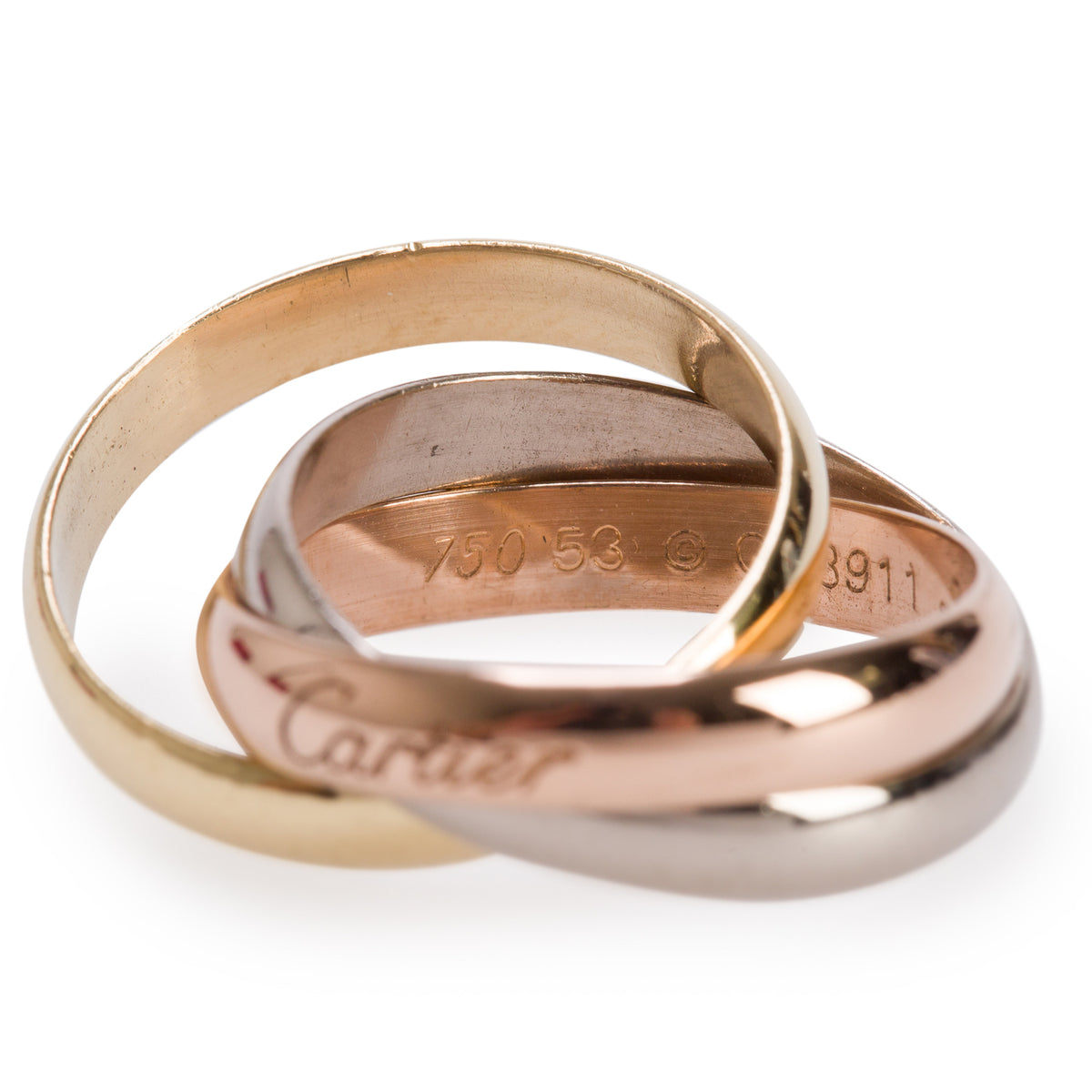 Cartier 18k Tri-Gold Classic Trinity Rolling Ring, Size 53 6.5 w/ Box