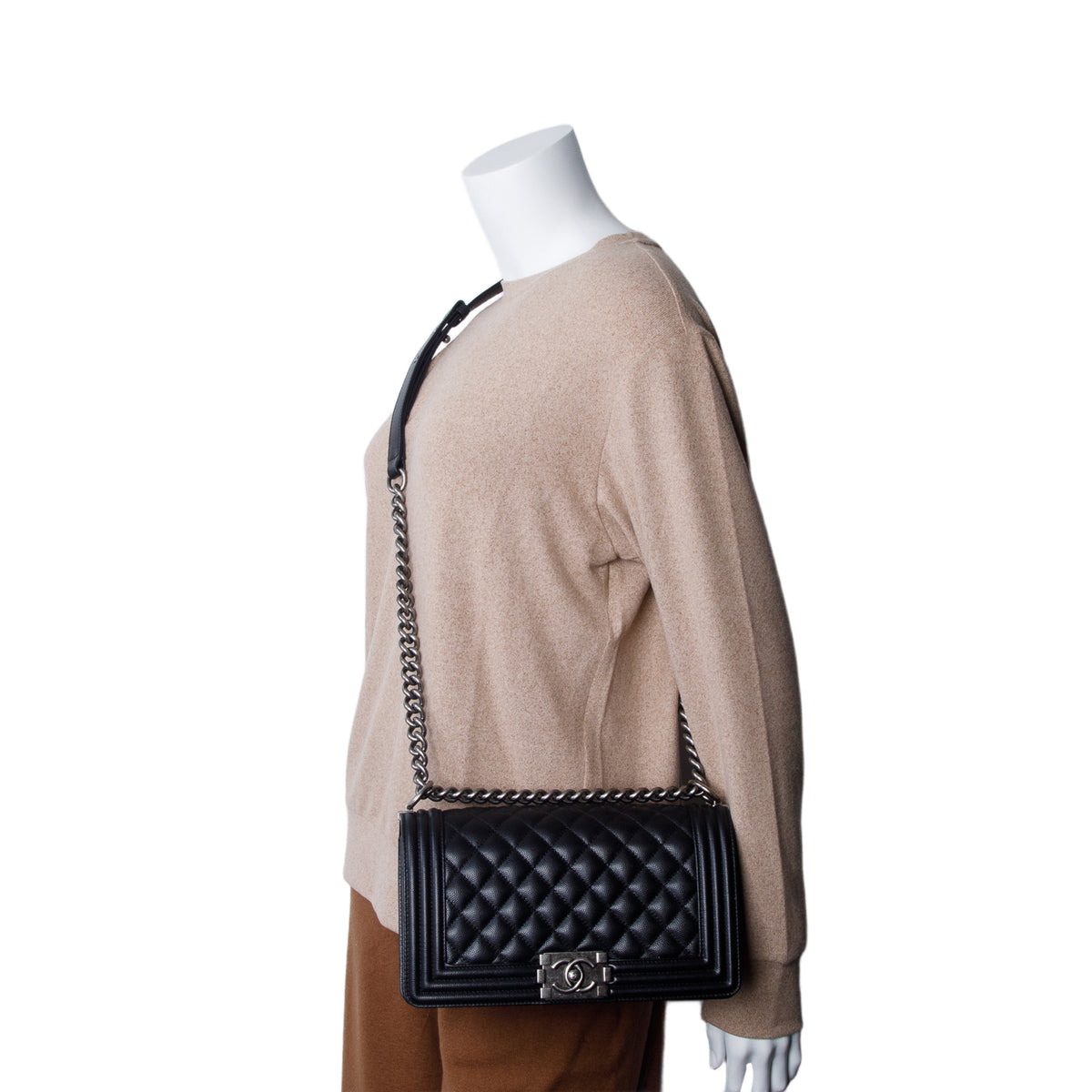 Chanel Black Quilted Caviar Medium Boy Flap Bag w/ Box