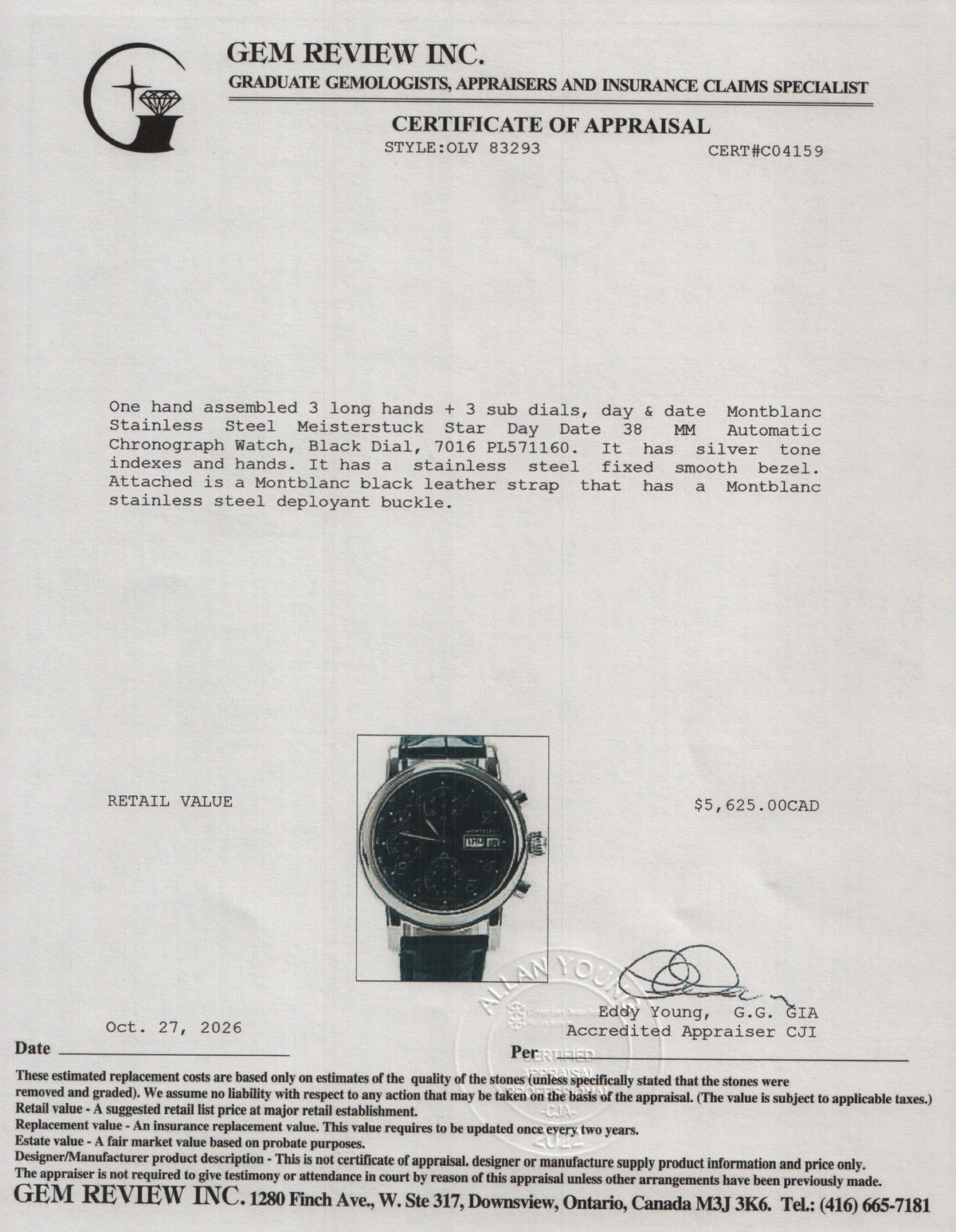 Montblanc Stainless Steel Meisterstuck Star Day Date 38 MM Automatic Chronograph Watch Black Dial 7016