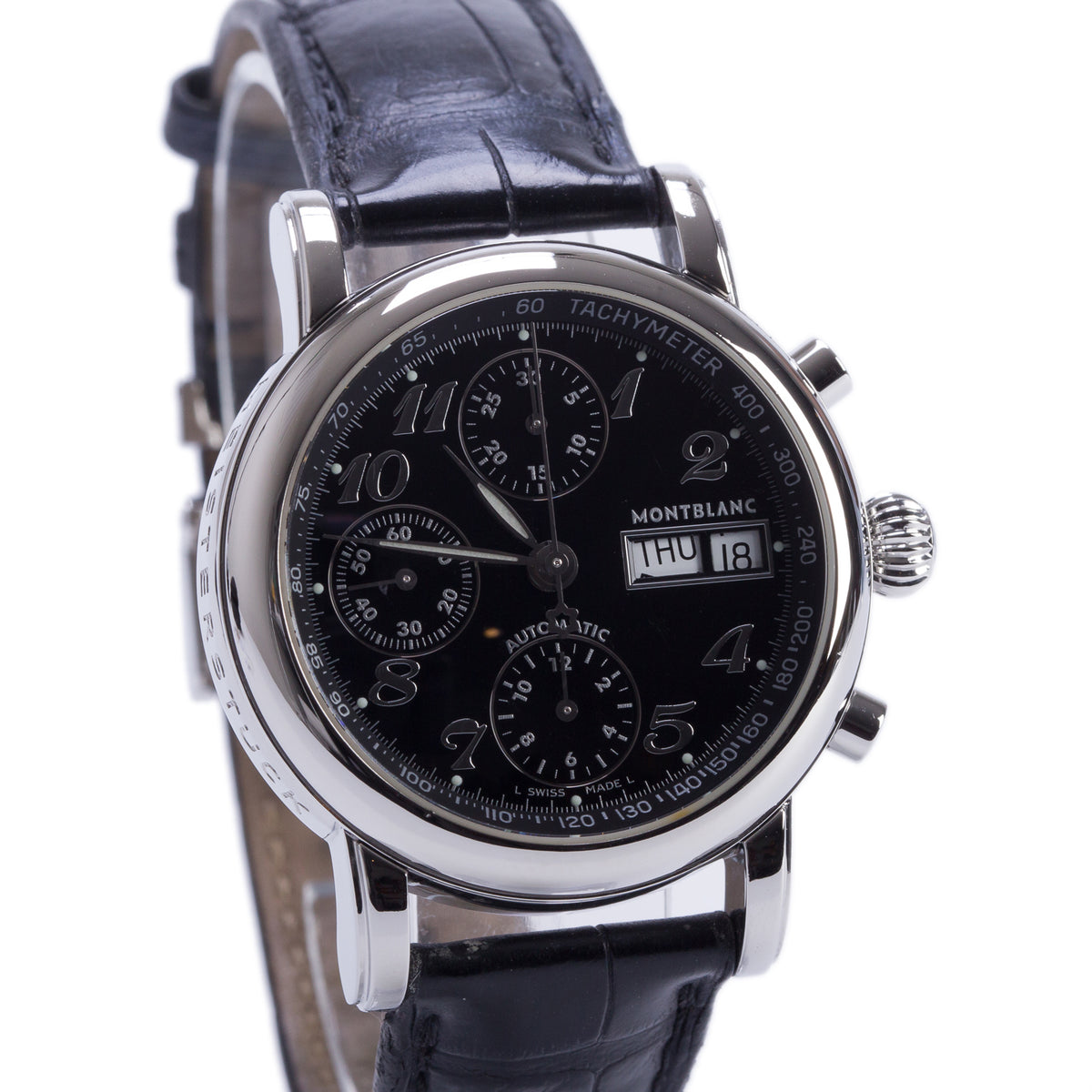 Montblanc Stainless Steel Meisterstuck Star Day Date 38 MM Automatic Chronograph Watch Black Dial 7016