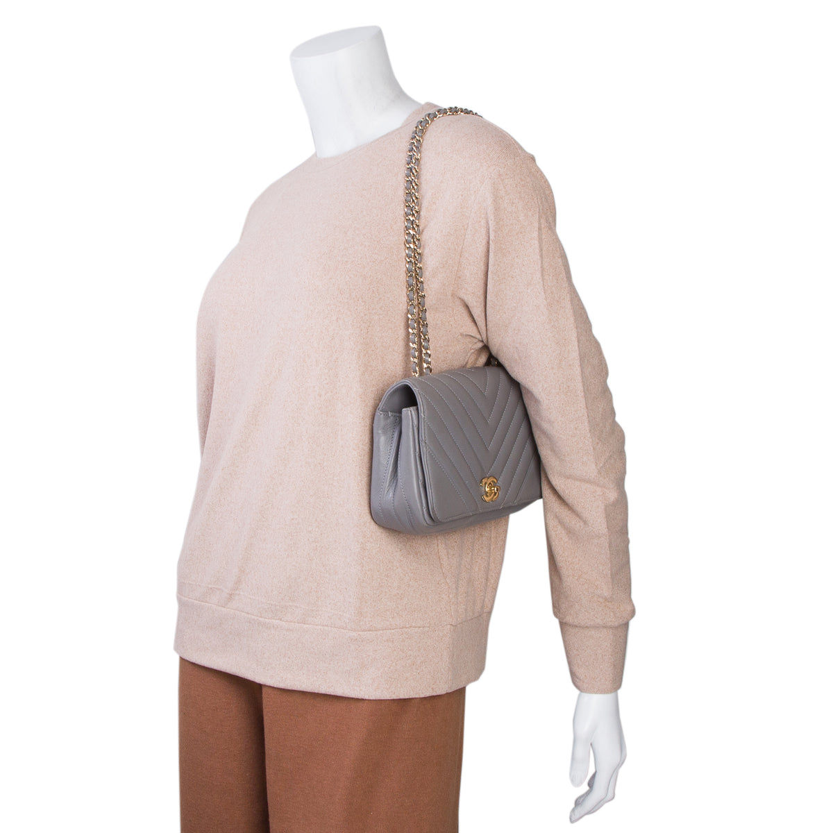Chanel Grey Calfskin Chevron Quilted Small Statement Flap