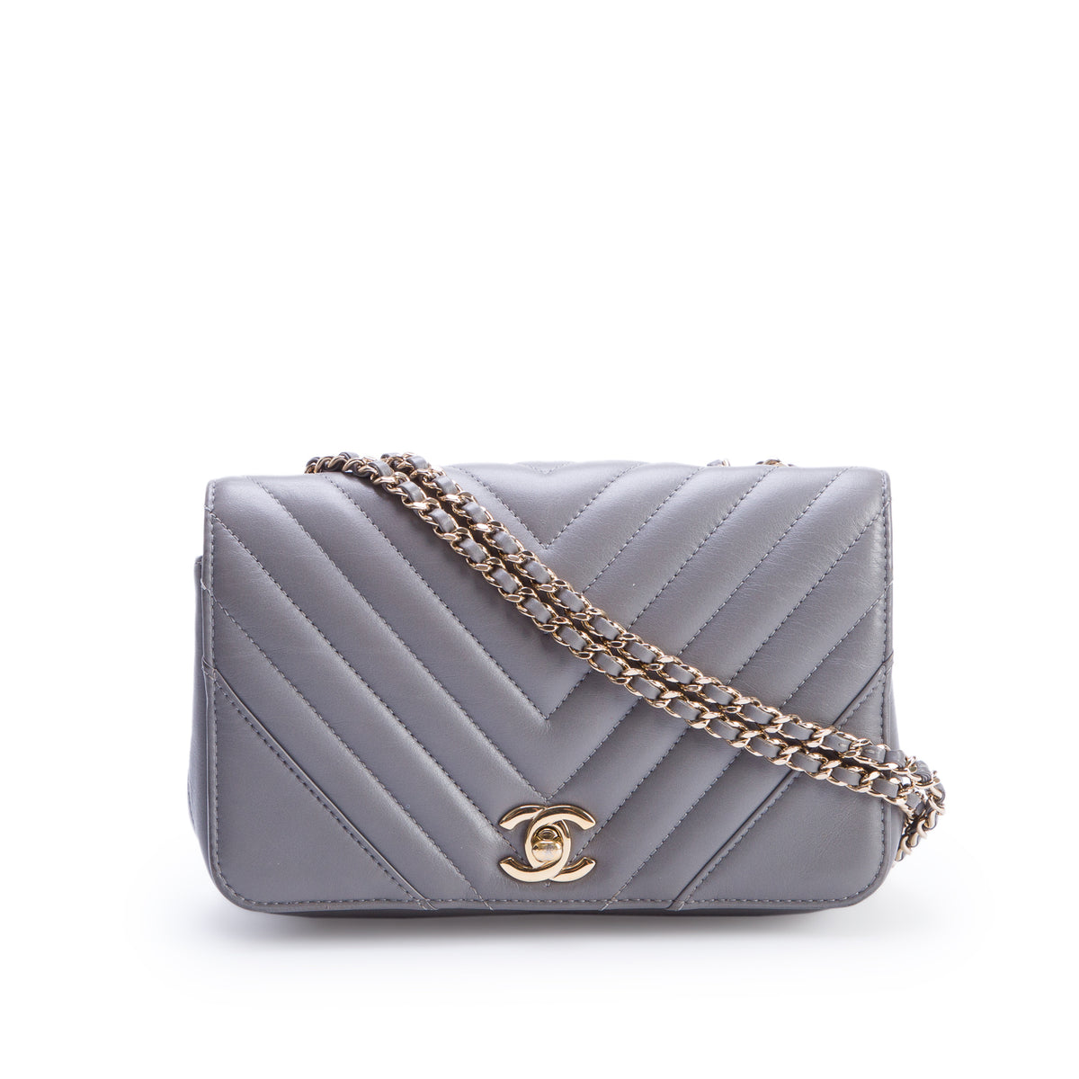 Chanel Grey Calfskin Chevron Quilted Small Statement Flap