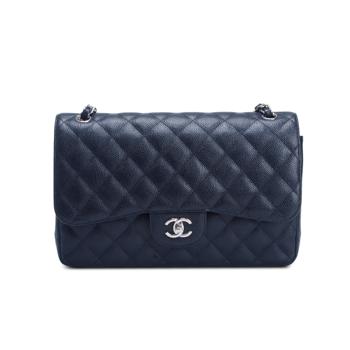 Chanel Black Caviar Quilted Leather Classic Jumbo Double Flap Bag w/ Authenticity Card