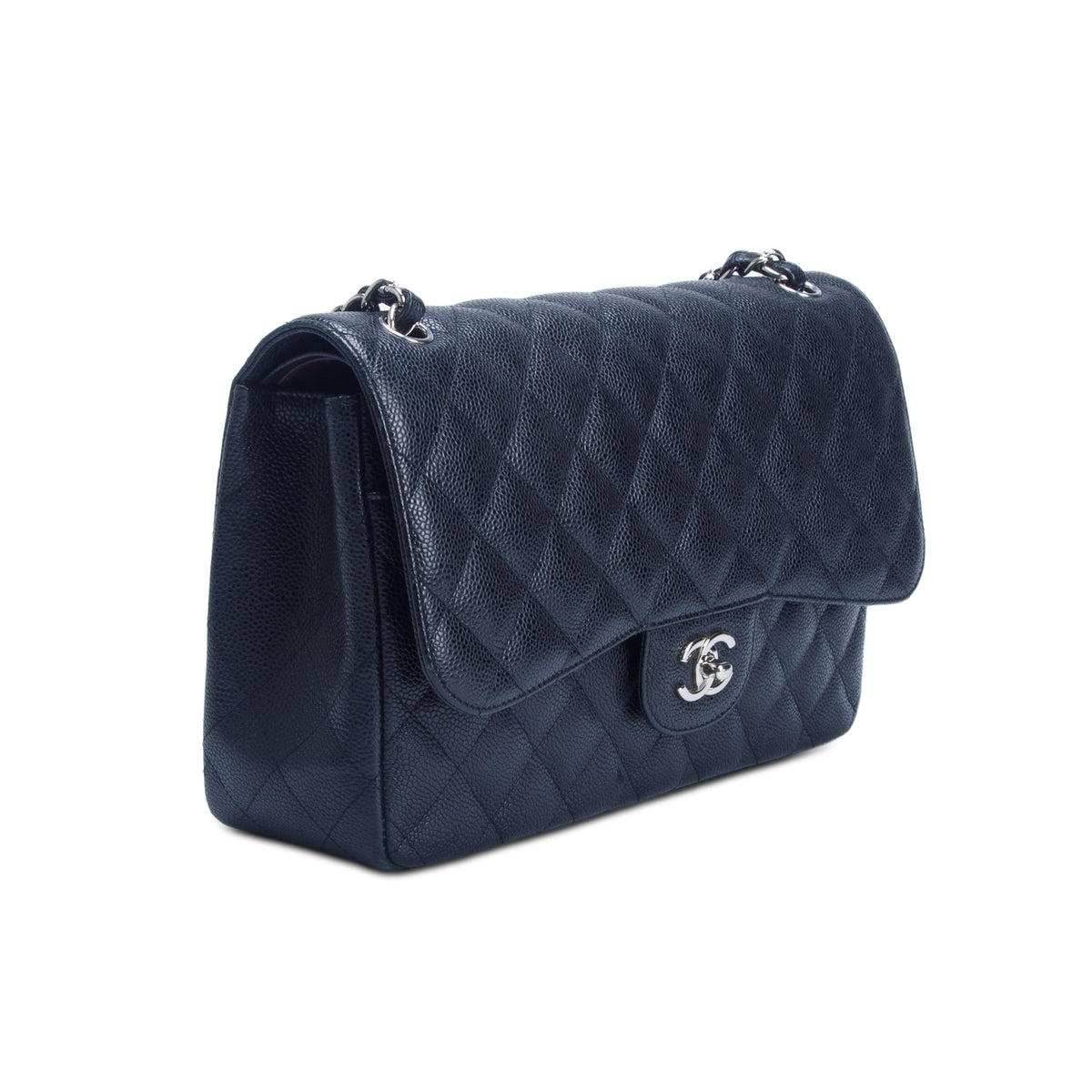 Chanel Black Caviar Quilted Leather Classic Jumbo Double Flap Bag w/ Authenticity Card
