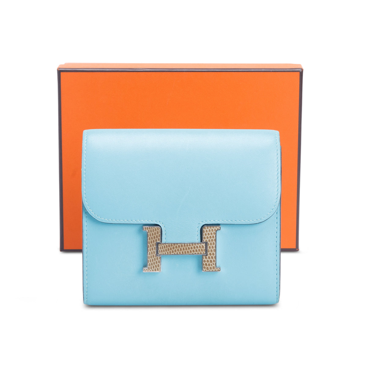 Hermes Blue Atoll Tadelakt Leather Lizard Constance H Compact Wallet w/ Box