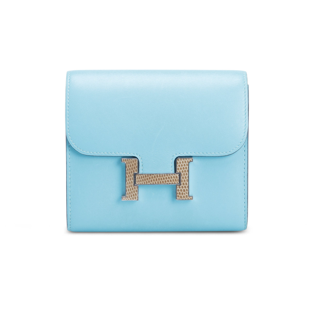 Hermes Blue Atoll Tadelakt Leather Lizard Constance H Compact Wallet w/ Box