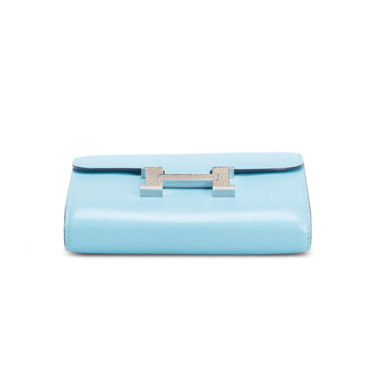 Hermes Blue Atoll Tadelakt Leather Lizard Constance H Compact Wallet w/ Box