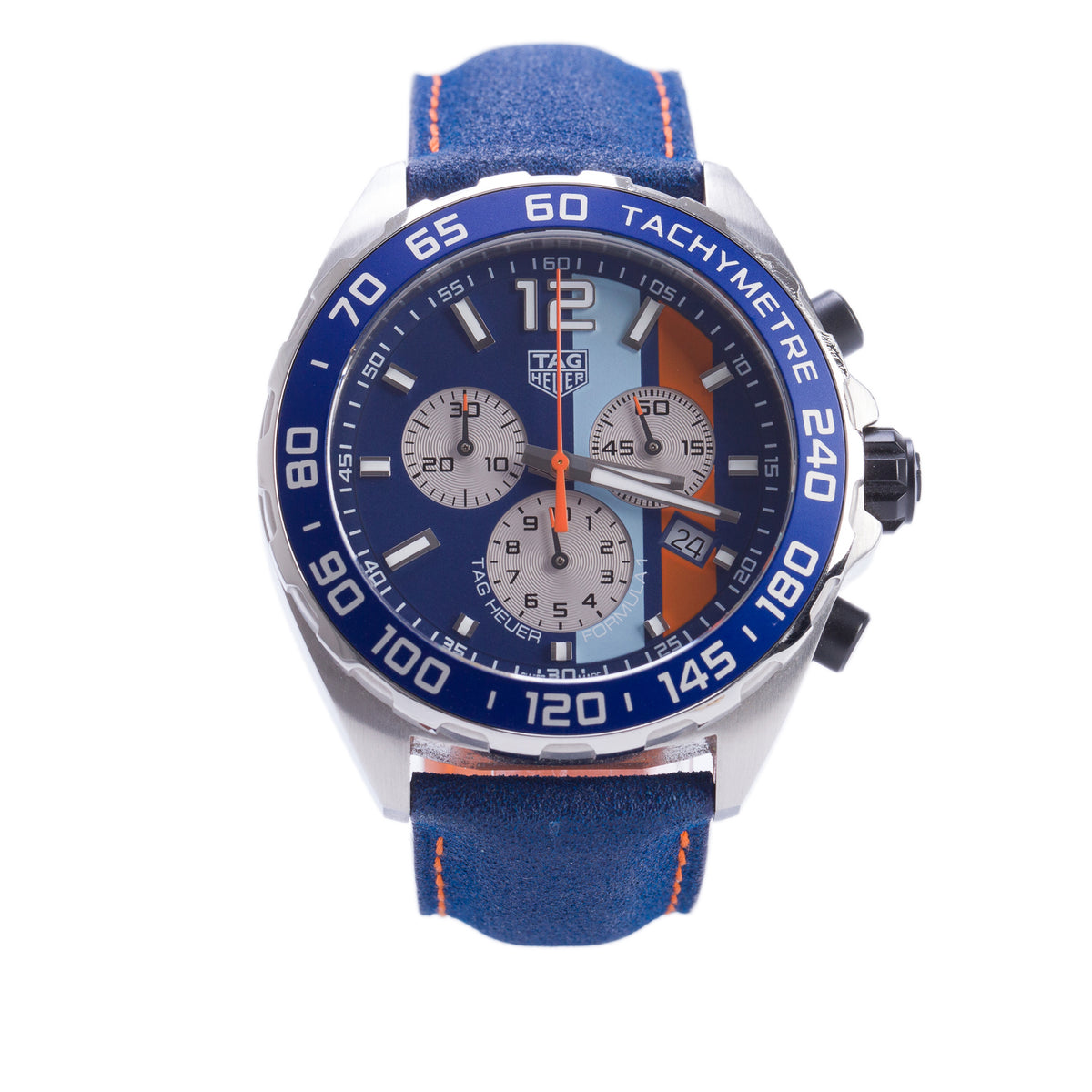 Tag Heuer Stainless Steel Gulf Formula 1 43 MM Quartz Chronograph Watch Blue Dial CAZ101N