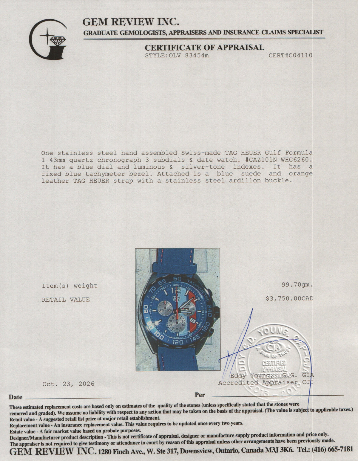 Tag Heuer Stainless Steel Gulf Formula 1 43 MM Quartz Chronograph Watch Blue Dial CAZ101N