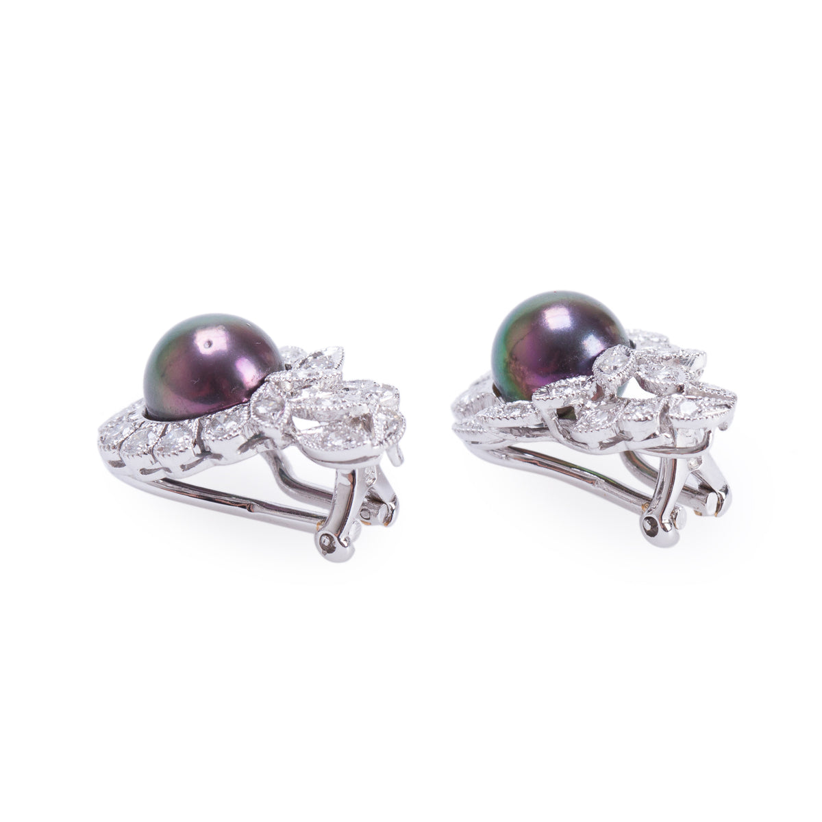 18k White Gold Pearl & Diamond Clip On Earrings