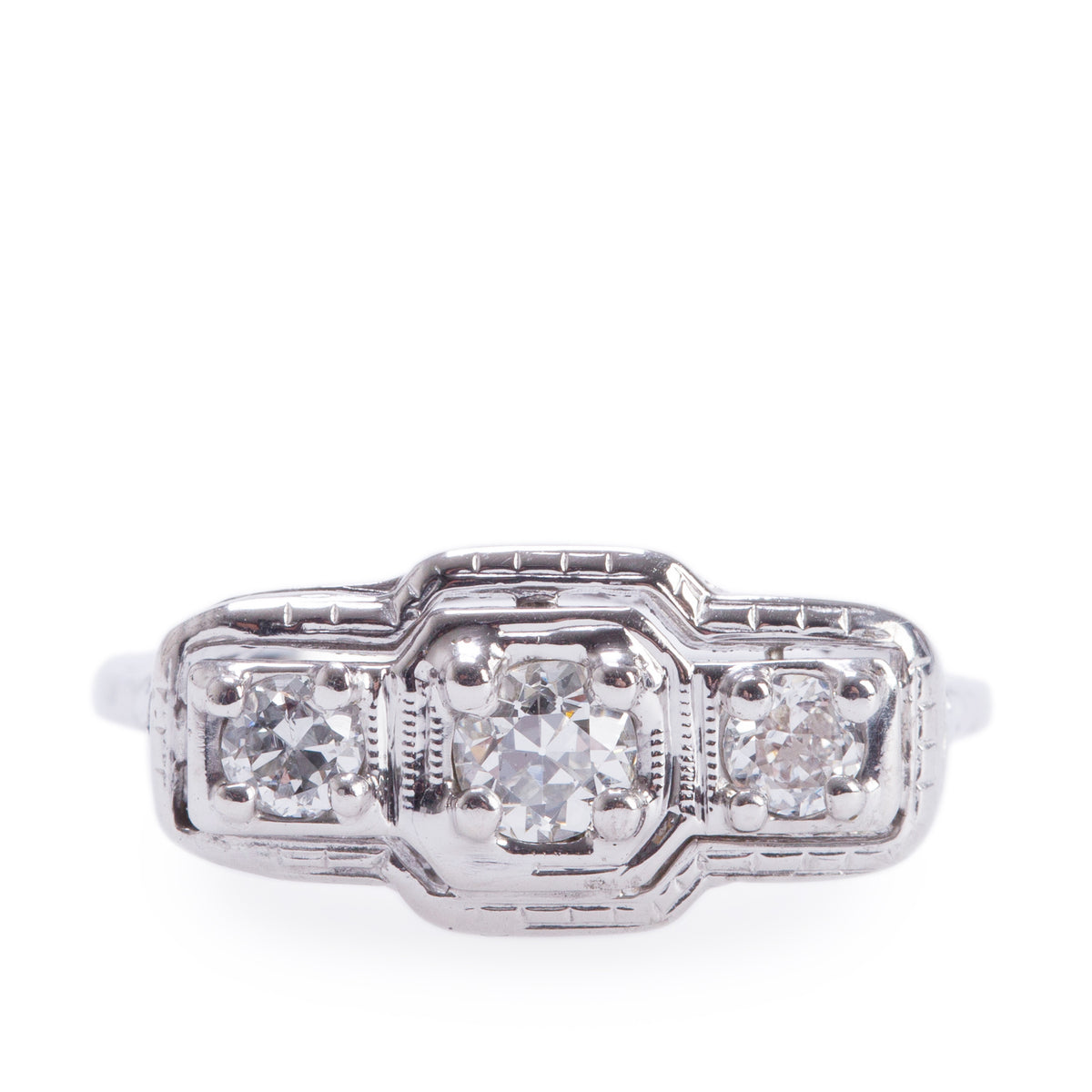 Antique 14k White Gold Three Stone Diamond Ring, Size 5.0