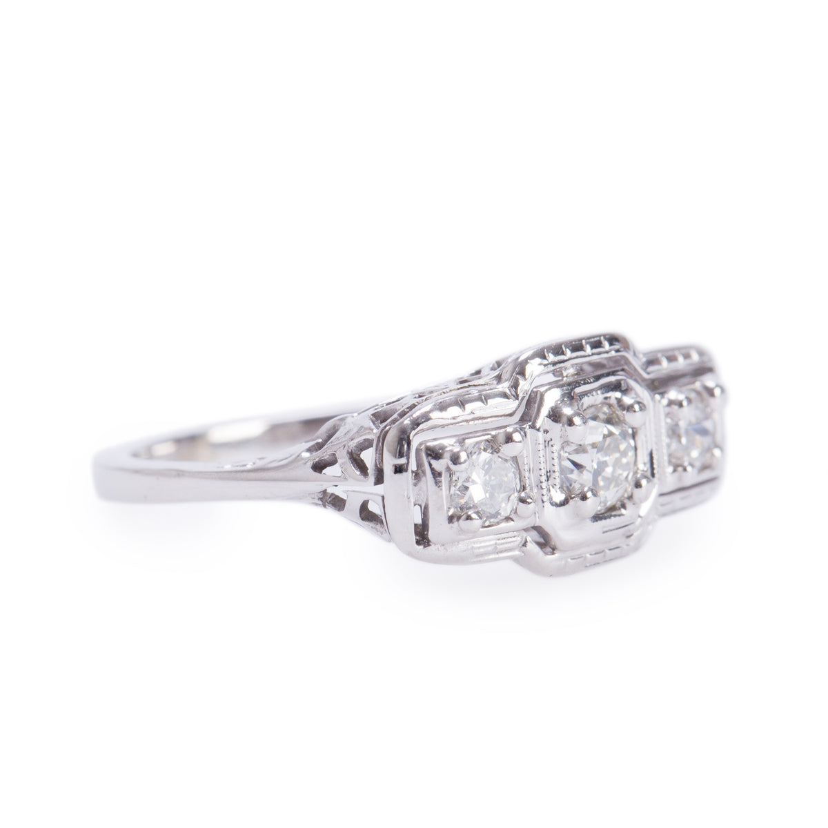 Antique 14k White Gold Three Stone Diamond Ring, Size 5.0