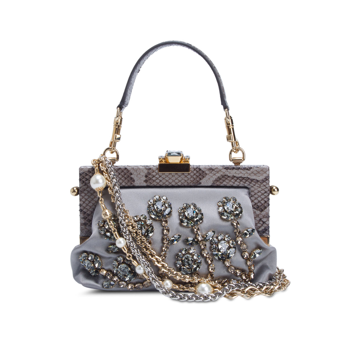 Dolce & Gabbana Grey Satin Snake Trim Crystal Embellished Clutch w/ Straps & Authenticity Card