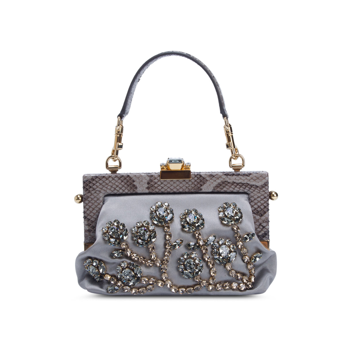 Dolce & Gabbana Grey Satin Snake Trim Crystal Embellished Clutch w/ Straps & Authenticity Card