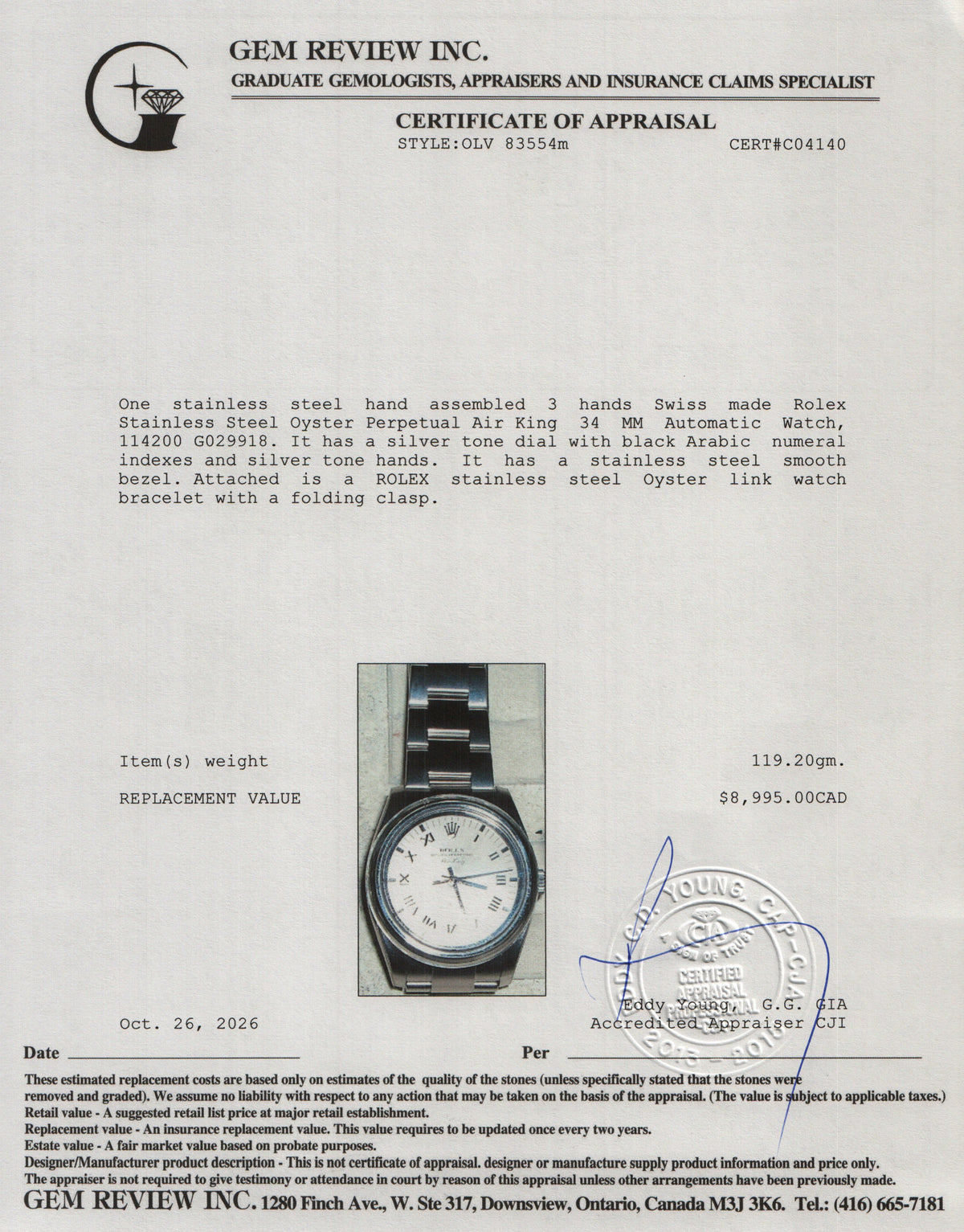 Rolex Stainless Steel Oyster Perpetual Air King 34 MM Automatic Watch Silver Dial 114200 w/ Box & Papers