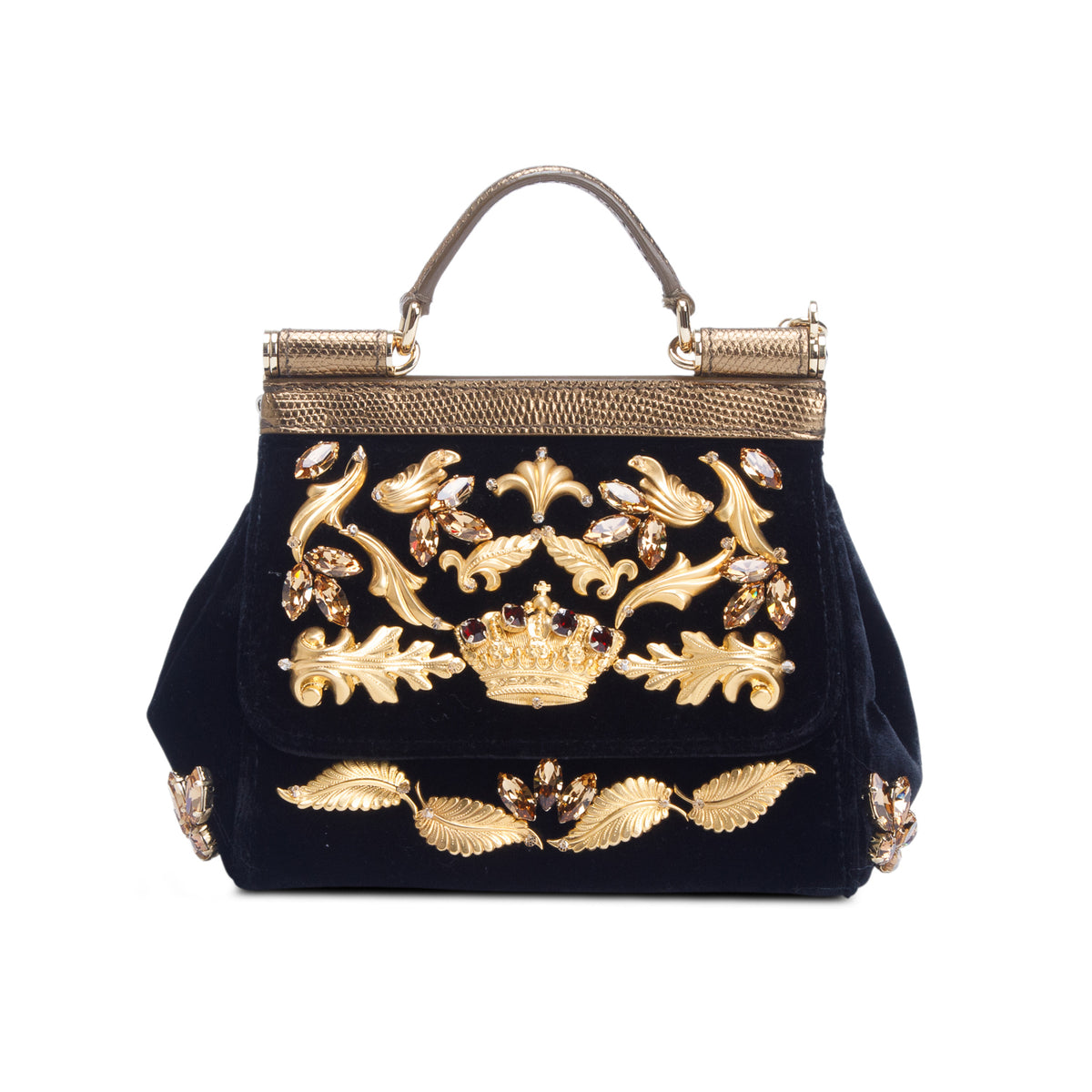 Dolce & Gabanna Black Velvet Crystal Embellished Mini Sicily w/ Authenticity Card