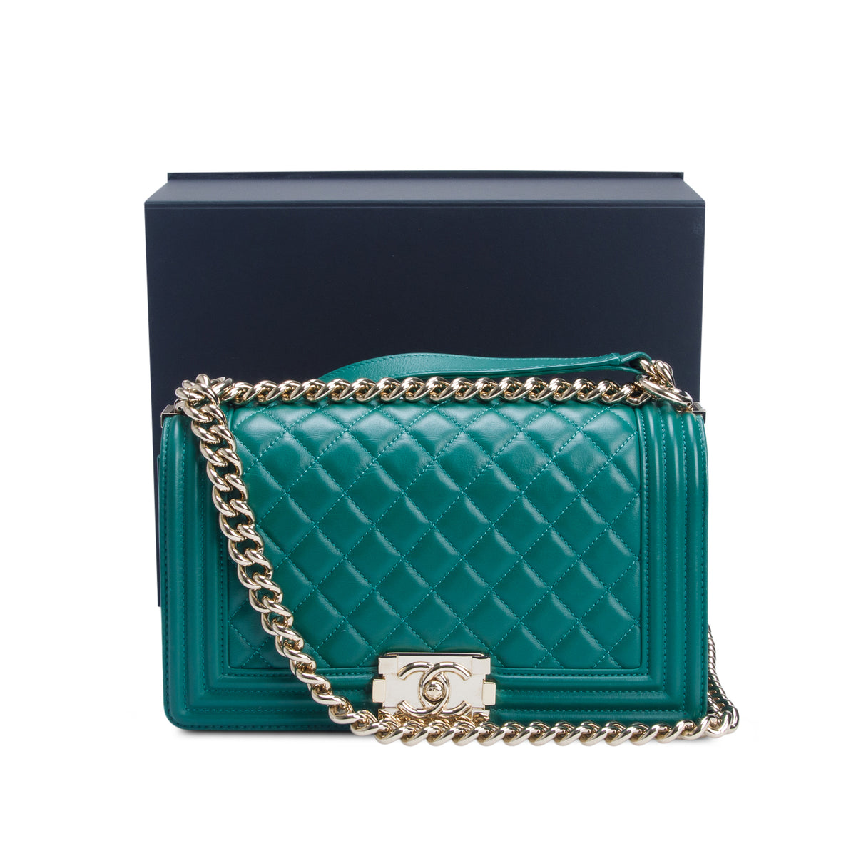 Chanel Green Quilted Lambskin Leather Medium Boy Bag w/ Box & Authenticity Card