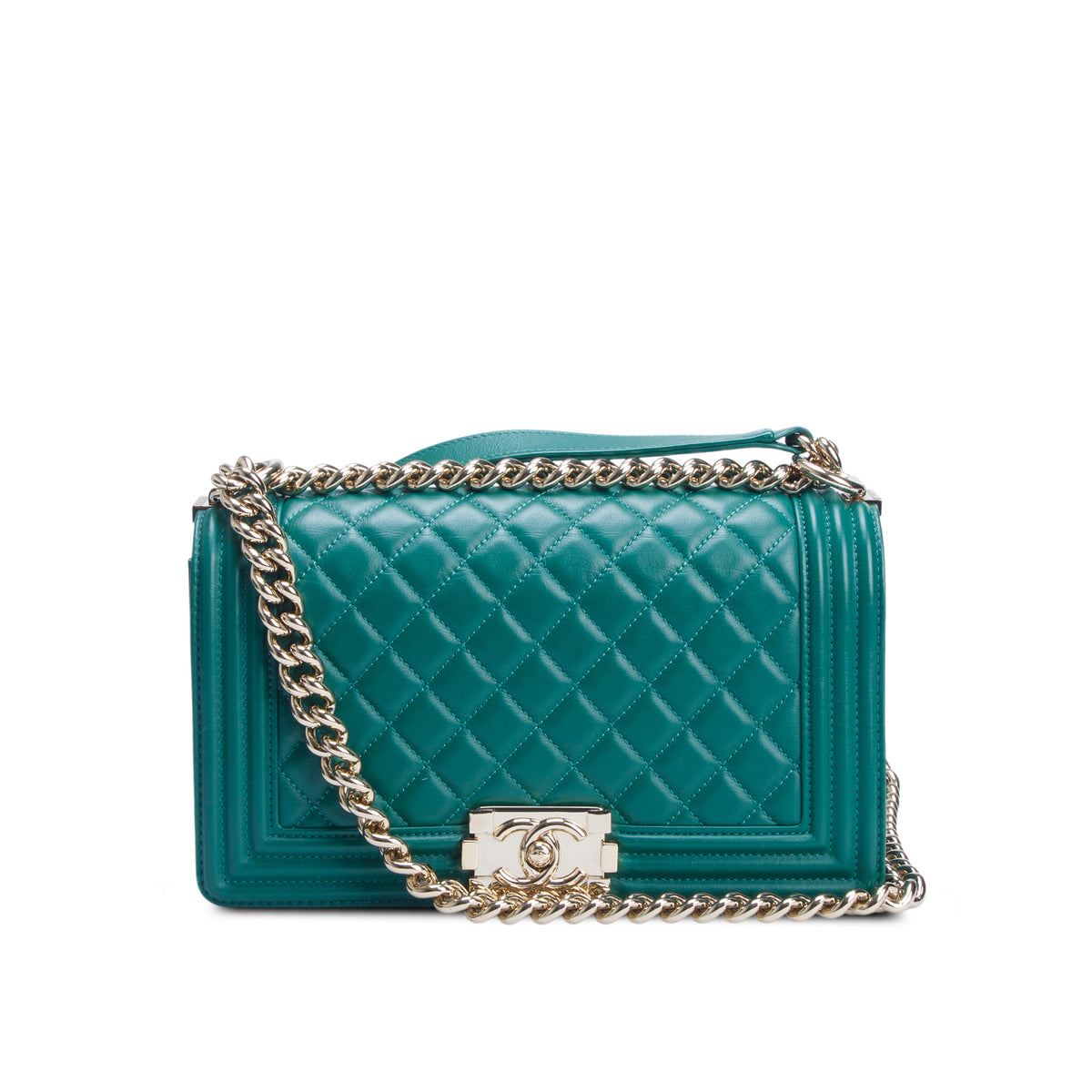 Chanel Green Quilted Lambskin Leather Medium Boy Bag w/ Box & Authenticity Card