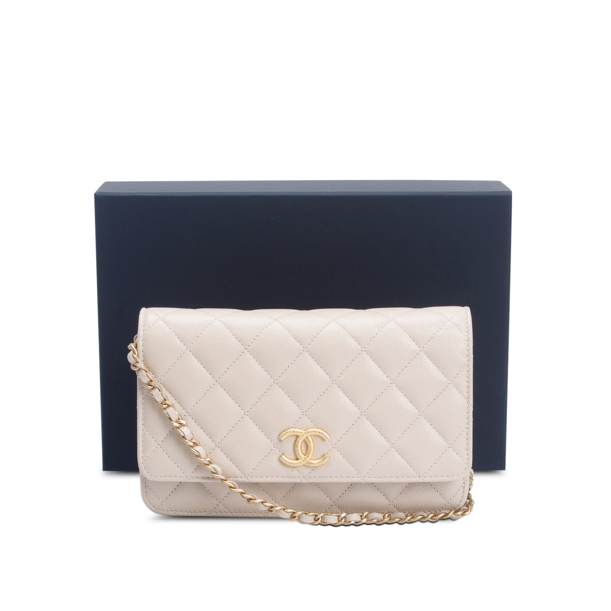 Chanel Beige Caviar Quilted Textured CC Wallet on Chain w/ Box