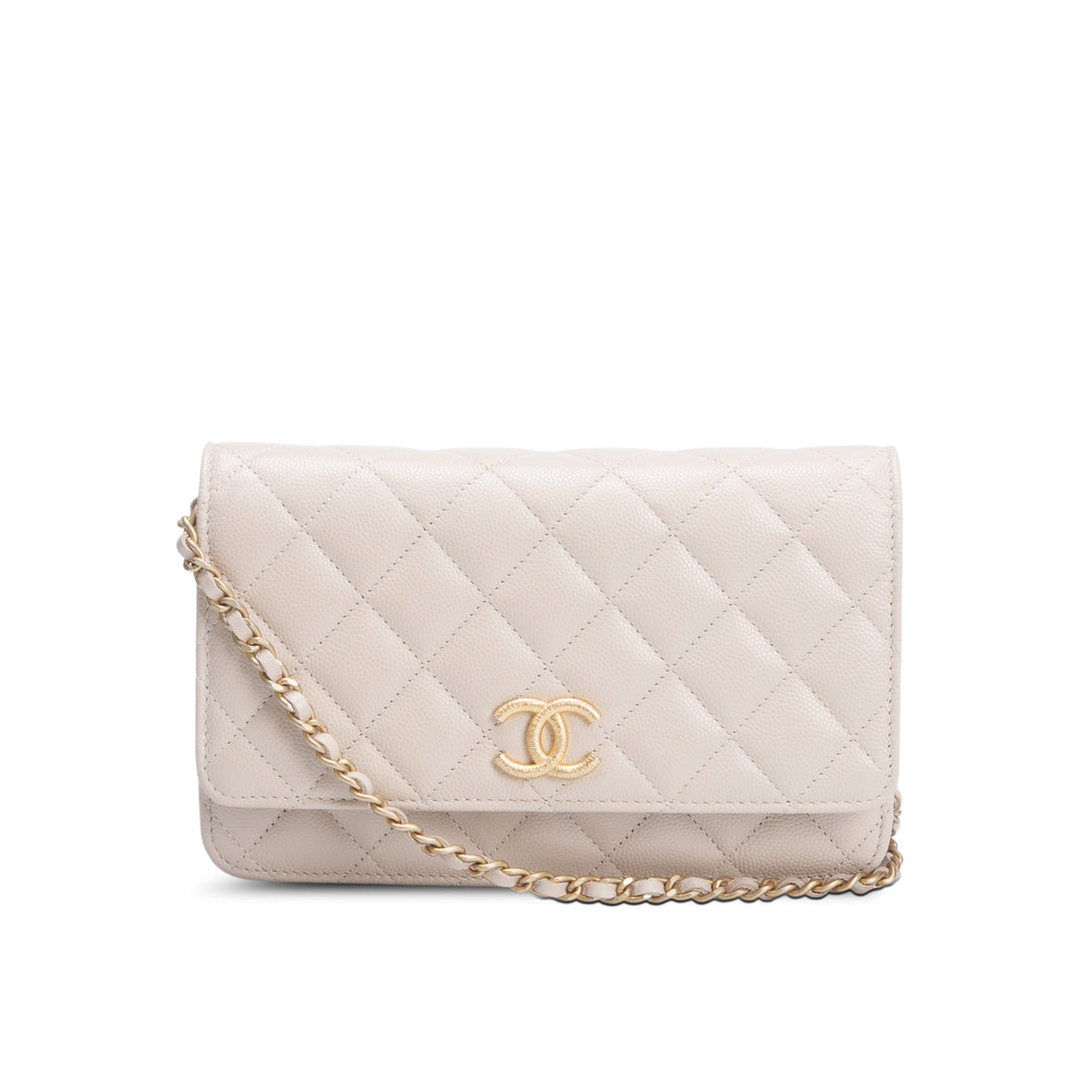 Chanel Beige Caviar Quilted Textured CC Wallet on Chain w/ Box