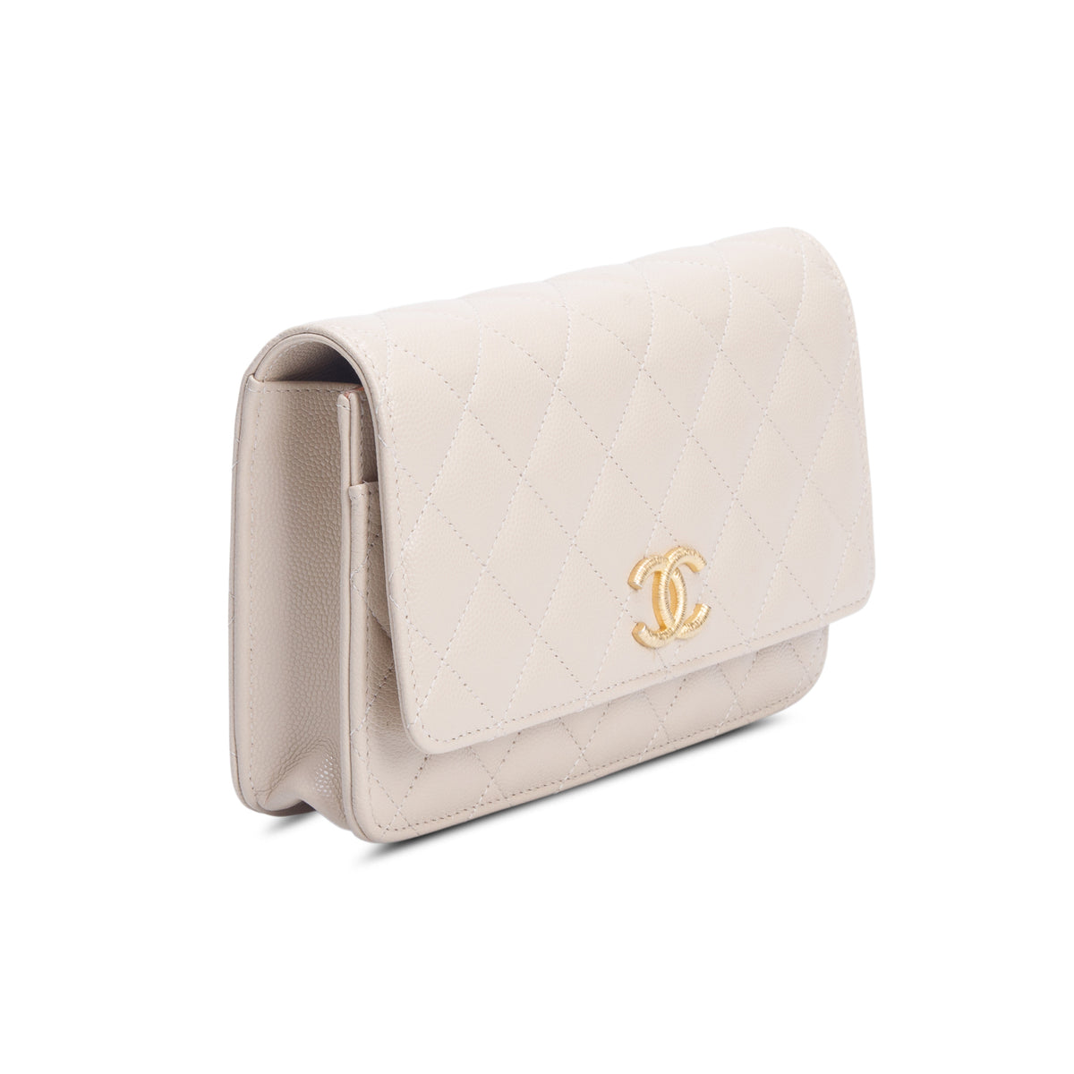 Chanel Beige Caviar Quilted Textured CC Wallet on Chain w/ Box