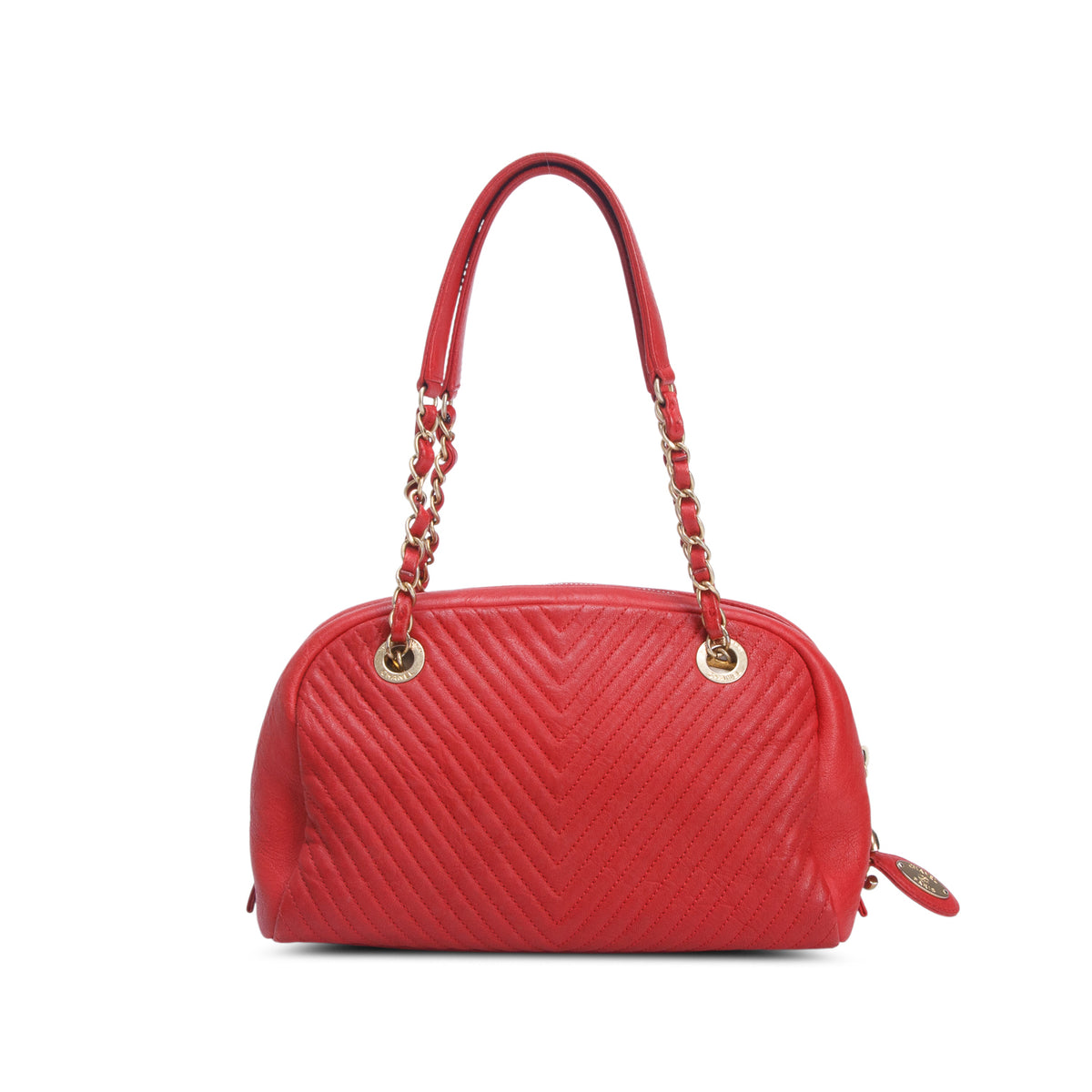 Chanel Red Chevron Aged Lambskin Bowling Bag