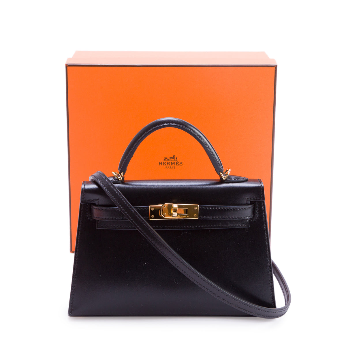 Hermes 2026 Noir Box Mini Kelly Sellier 20 w/ Box & Strap