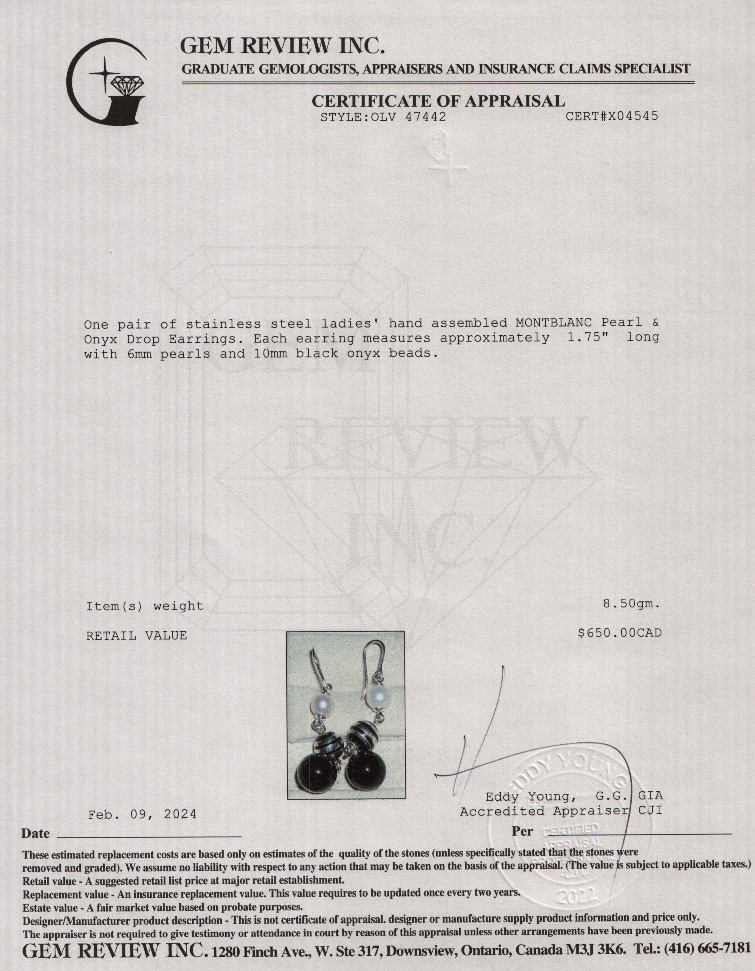 Montblanc Sterling Silver Pearl & Onyx Drop Earrings