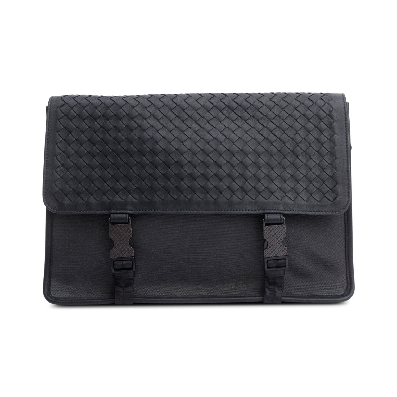 Bottega Veneta Black Intrecciato Leather Canvas Flap Messenger Bag
