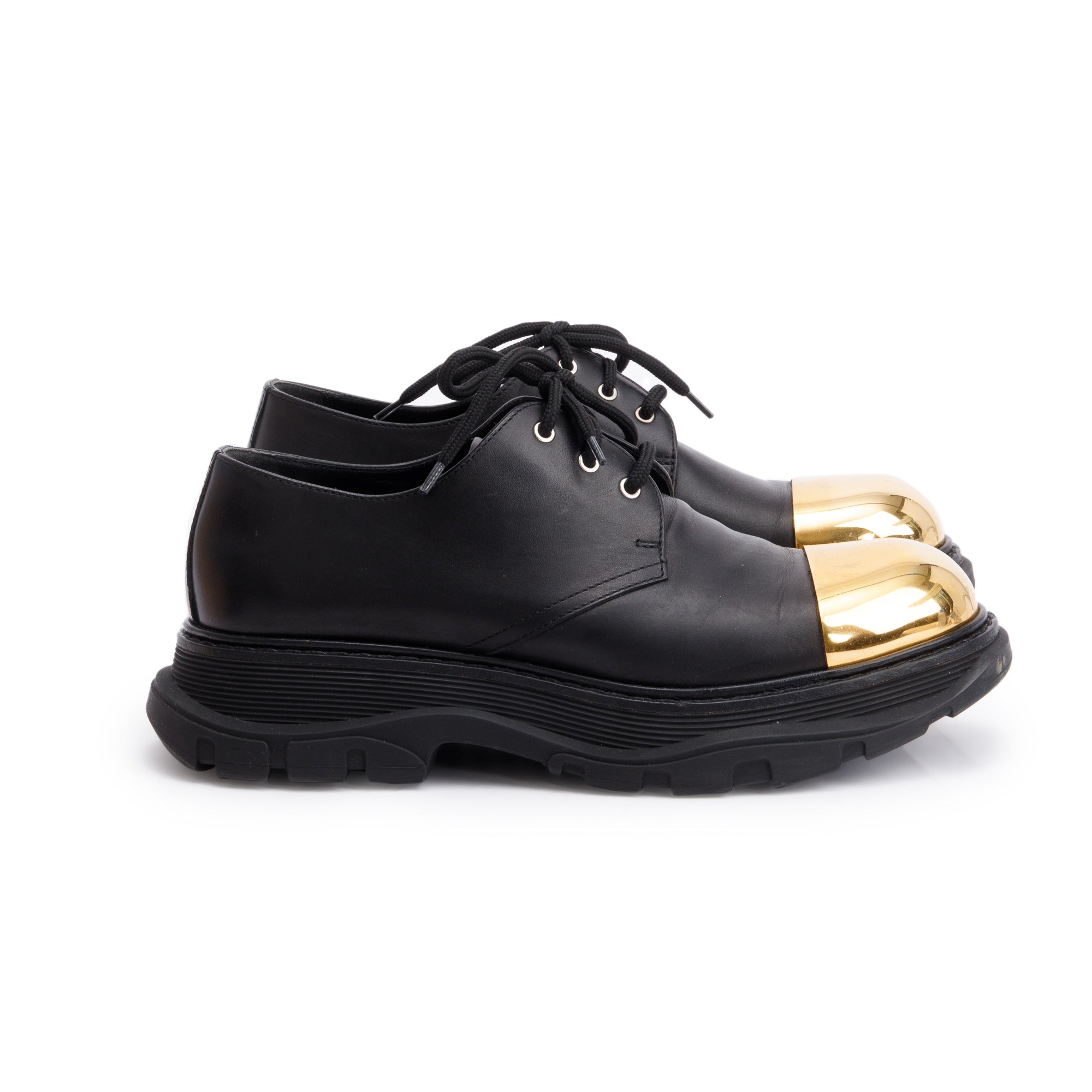 Alexander McQueen Black Calfskin Leather Gold Metal Toe Derby Shoes, Size 41