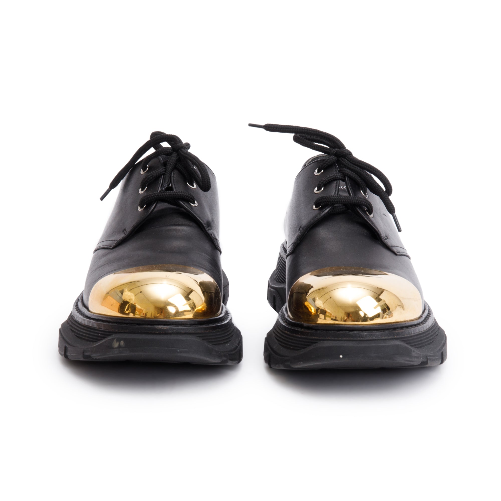 Alexander McQueen Black Calfskin Leather Gold Metal Toe Derby Shoes, Size 41
