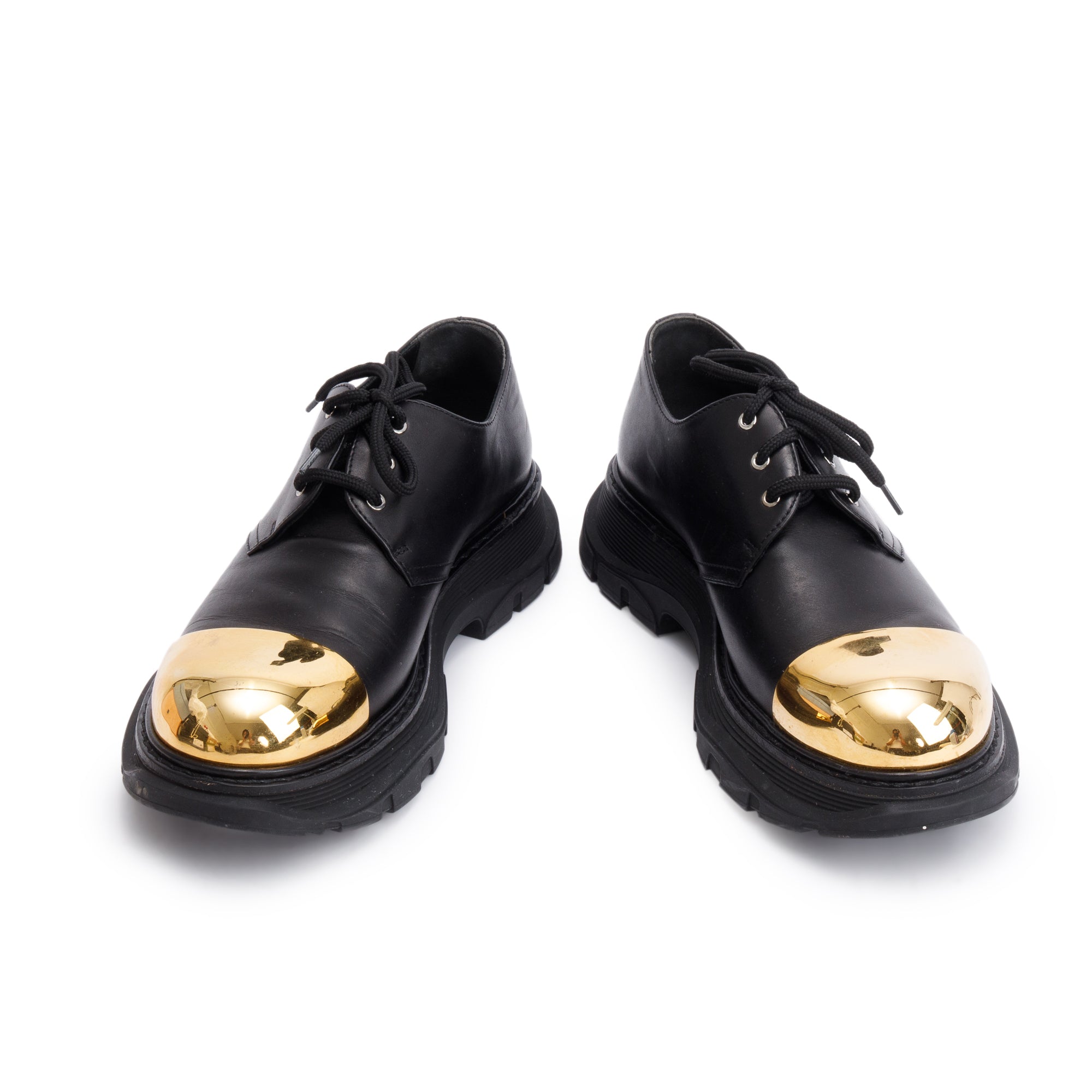 Alexander McQueen Black Calfskin Leather Gold Metal Toe Derby Shoes, Size 41