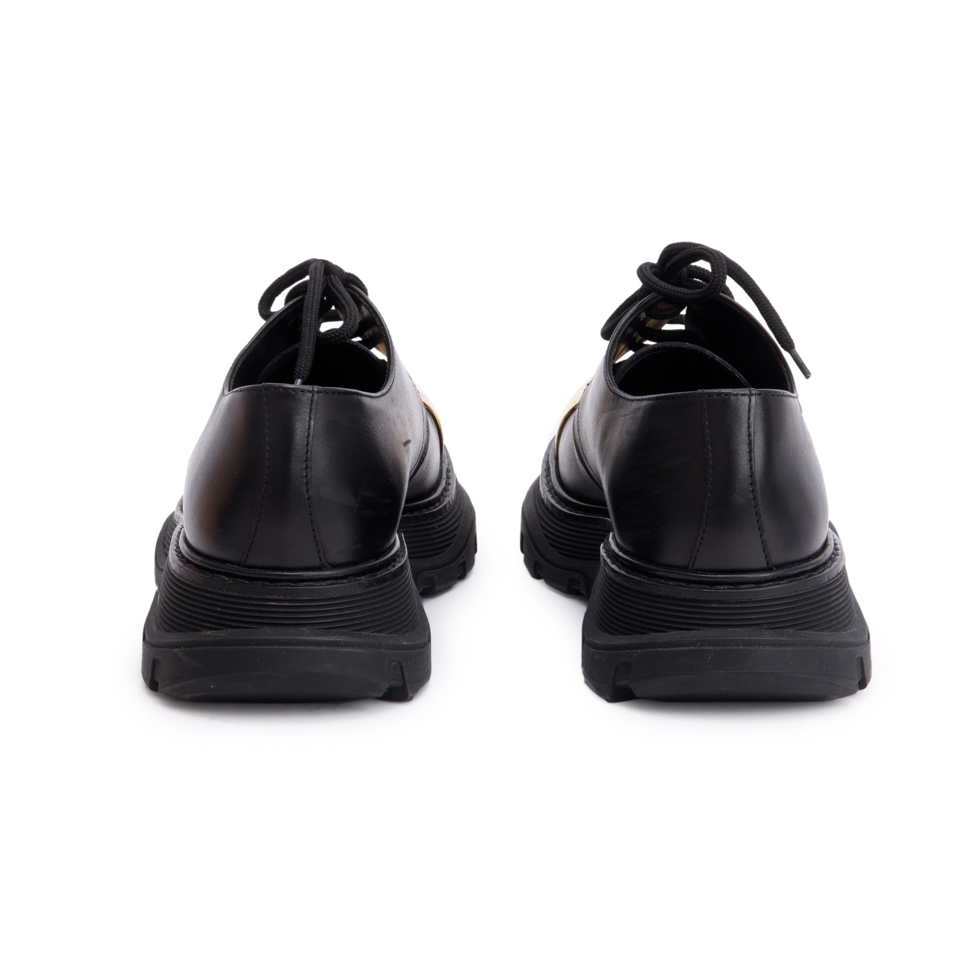 Alexander McQueen Black Calfskin Leather Gold Metal Toe Derby Shoes, Size 41