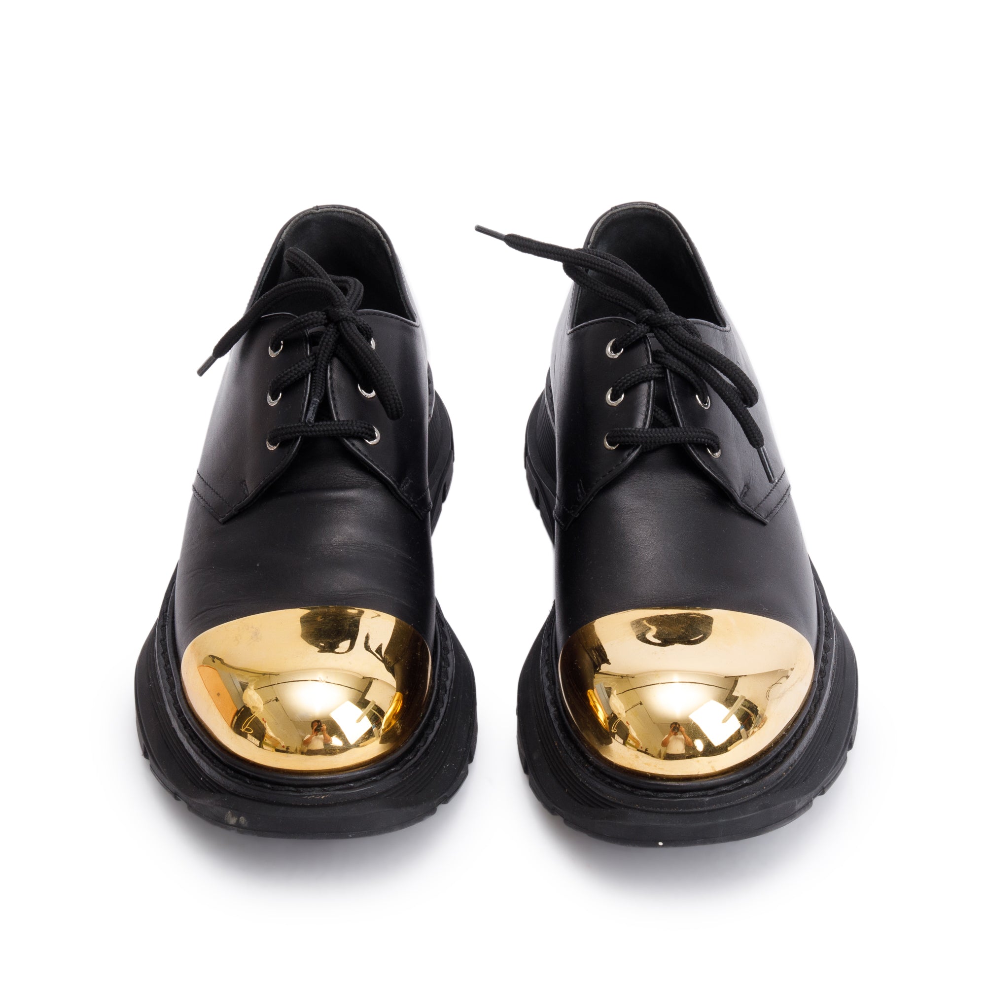 Alexander McQueen Black Calfskin Leather Gold Metal Toe Derby Shoes, Size 41