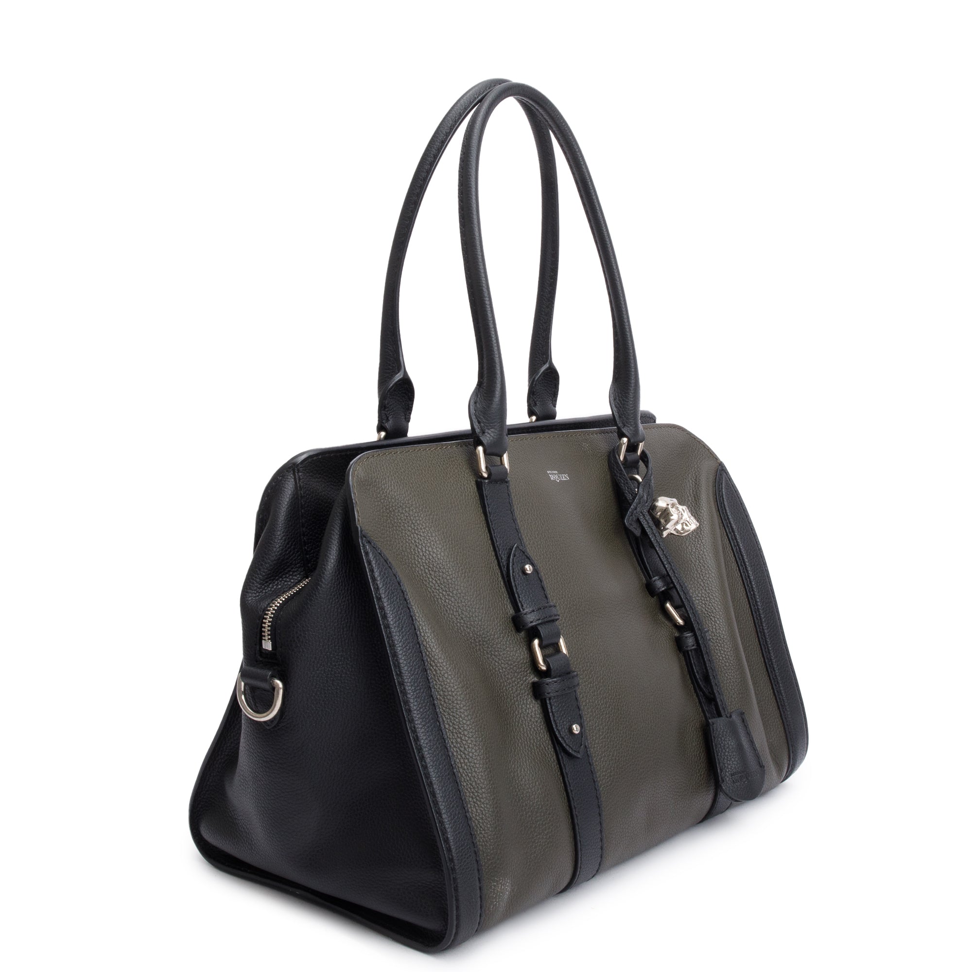 Alexander McQueen Black Calfskin Leather Large Padlock Zip Around Tote w/ Strap