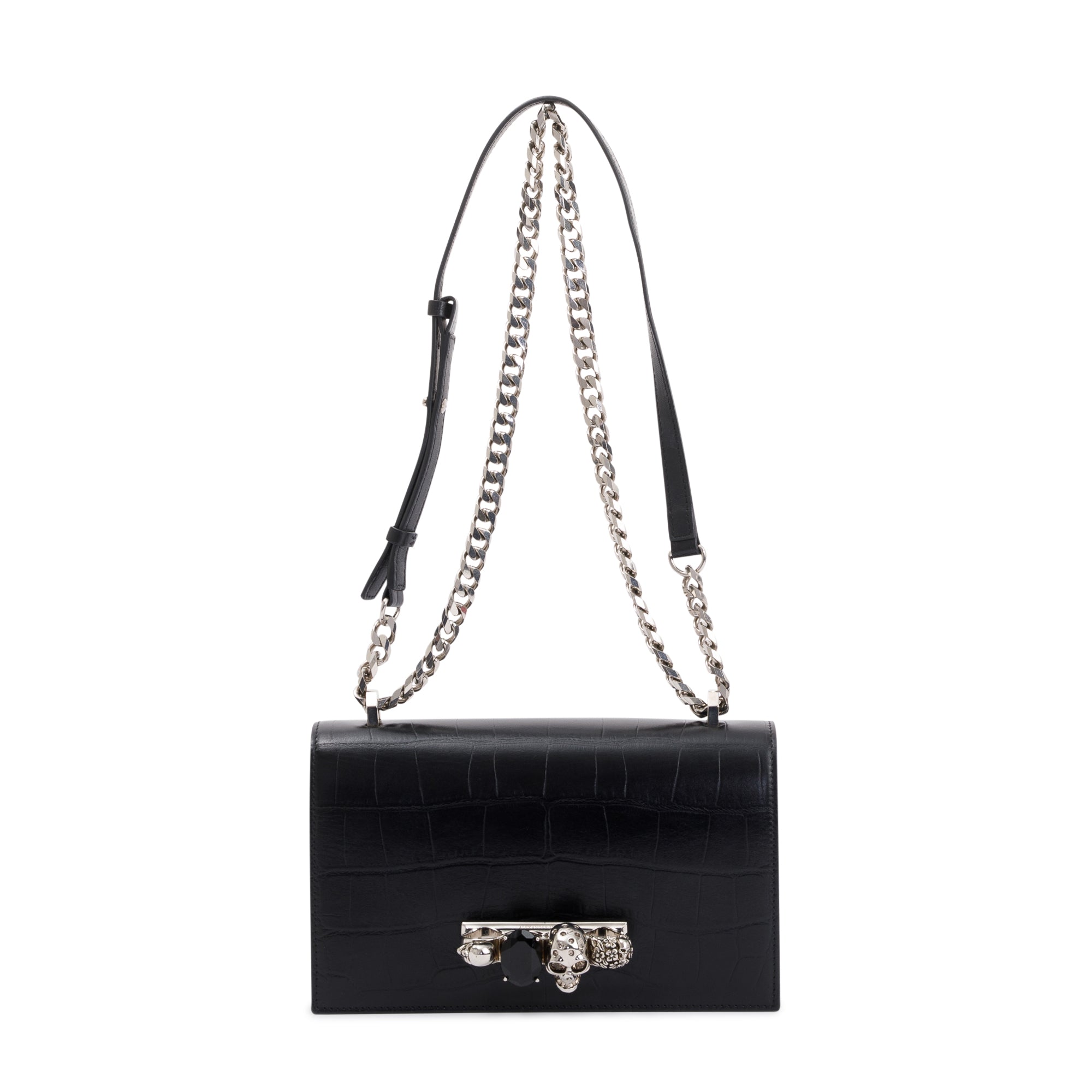 Alexander McQueen Black Croc Embossed Medium Jewelled Satchel