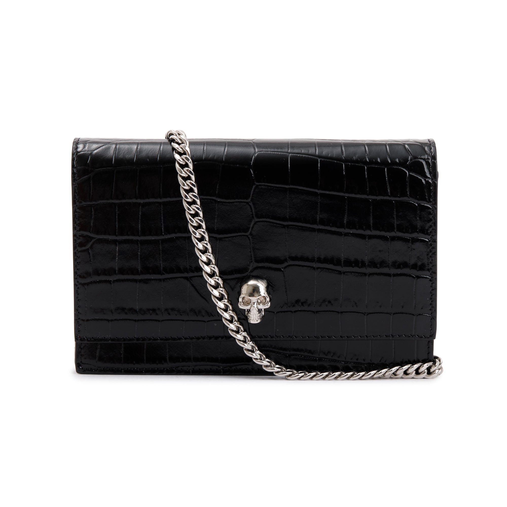 Alexander McQueen Black Croc Embossed Small Skull Chain Bag w/ Box