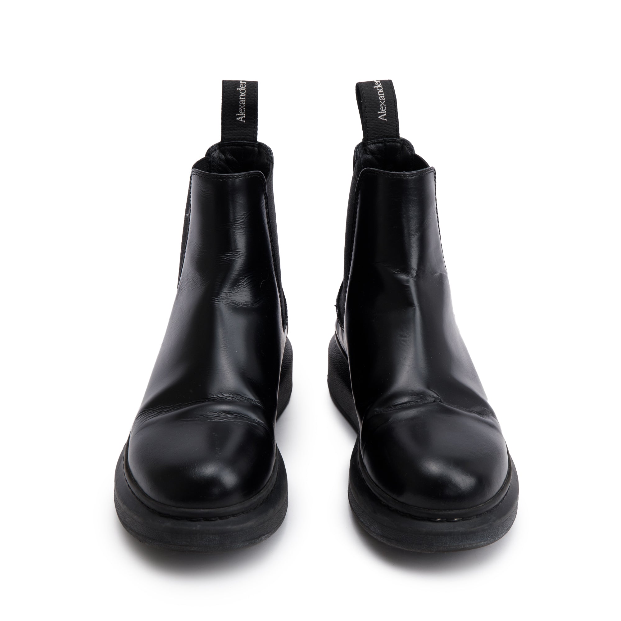 Alexander McQueen Black Shiny Calfskin Leather Chelsea Boots, Size 35